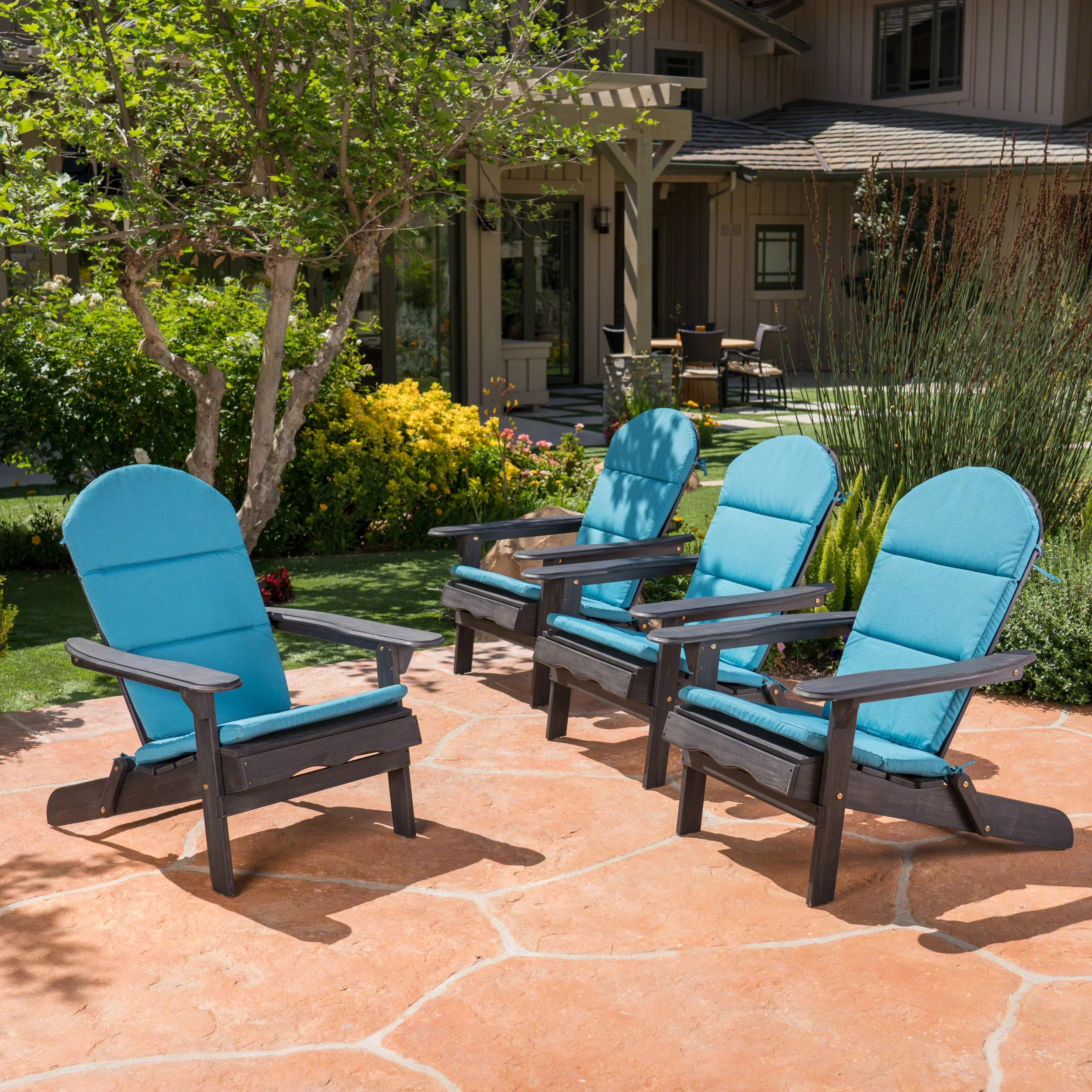Ariel Outdoor Acacia Wood Folding Adirondack Chairs with Cushions (Set of 4), Dark Gray and Dark Teal