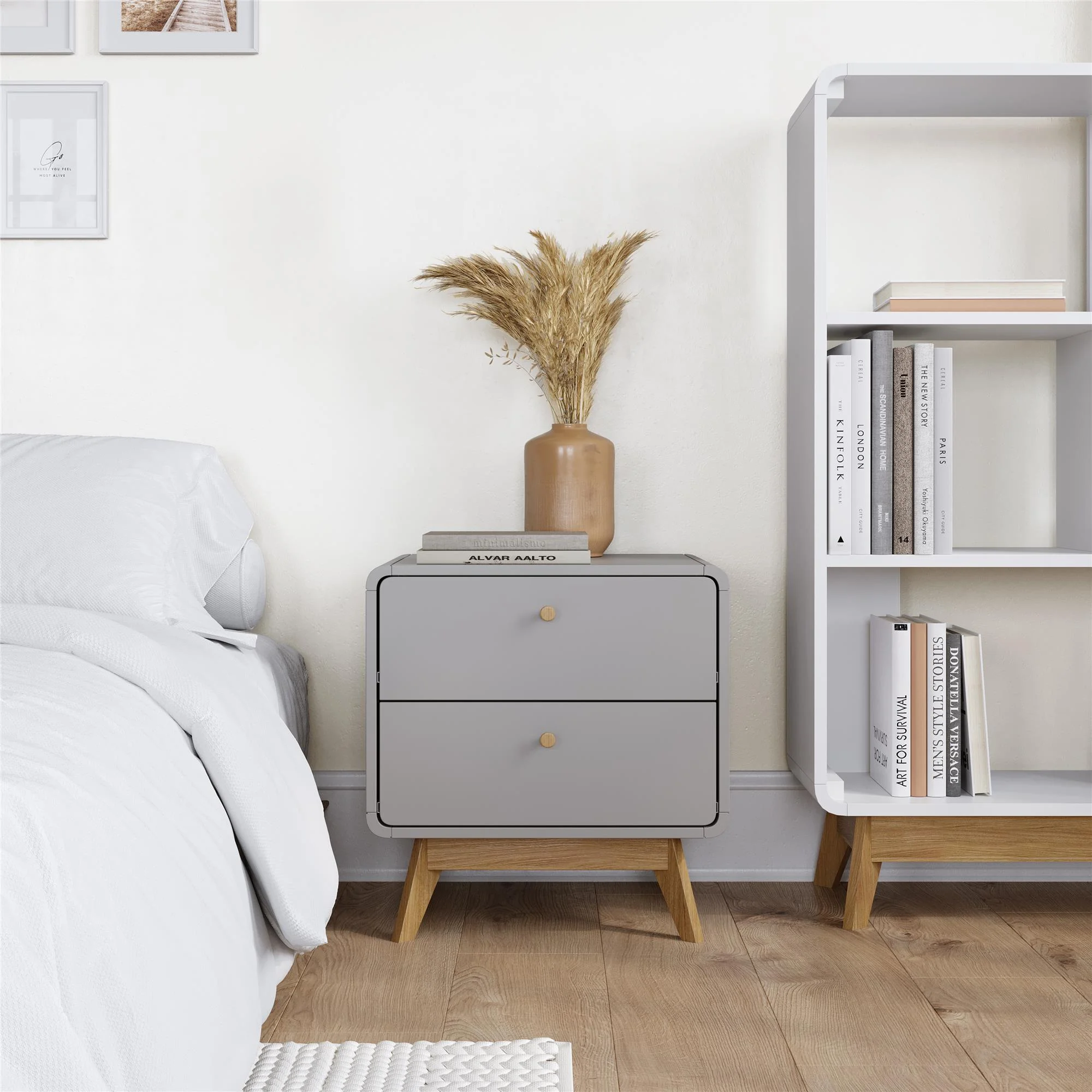 Ren Home Leva Scandinavian 2 Drawer Nightstand, Gray