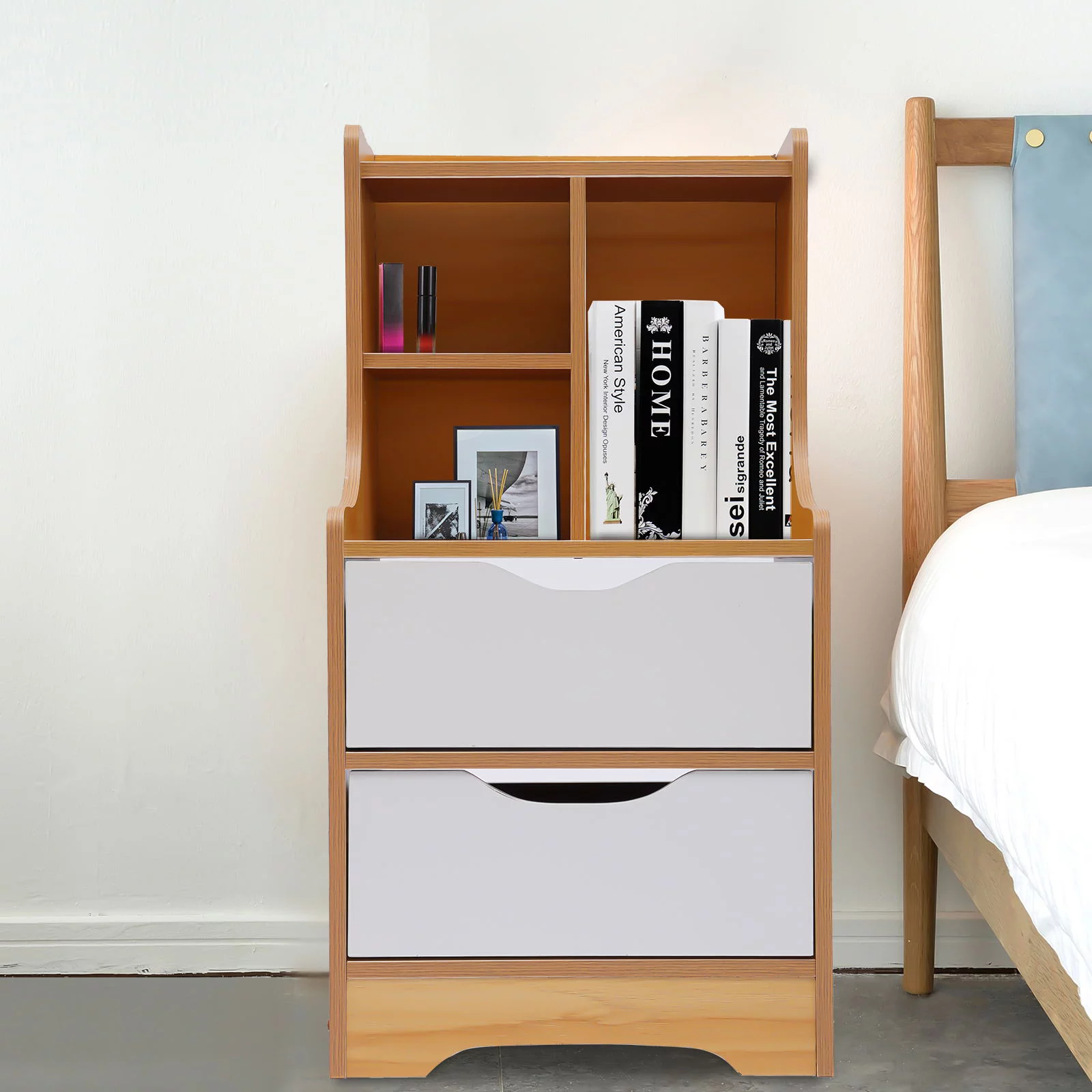 Wuzstar 2 Drawers Nightstand Bedroom Living Room Wood End Table with Storage Shelf