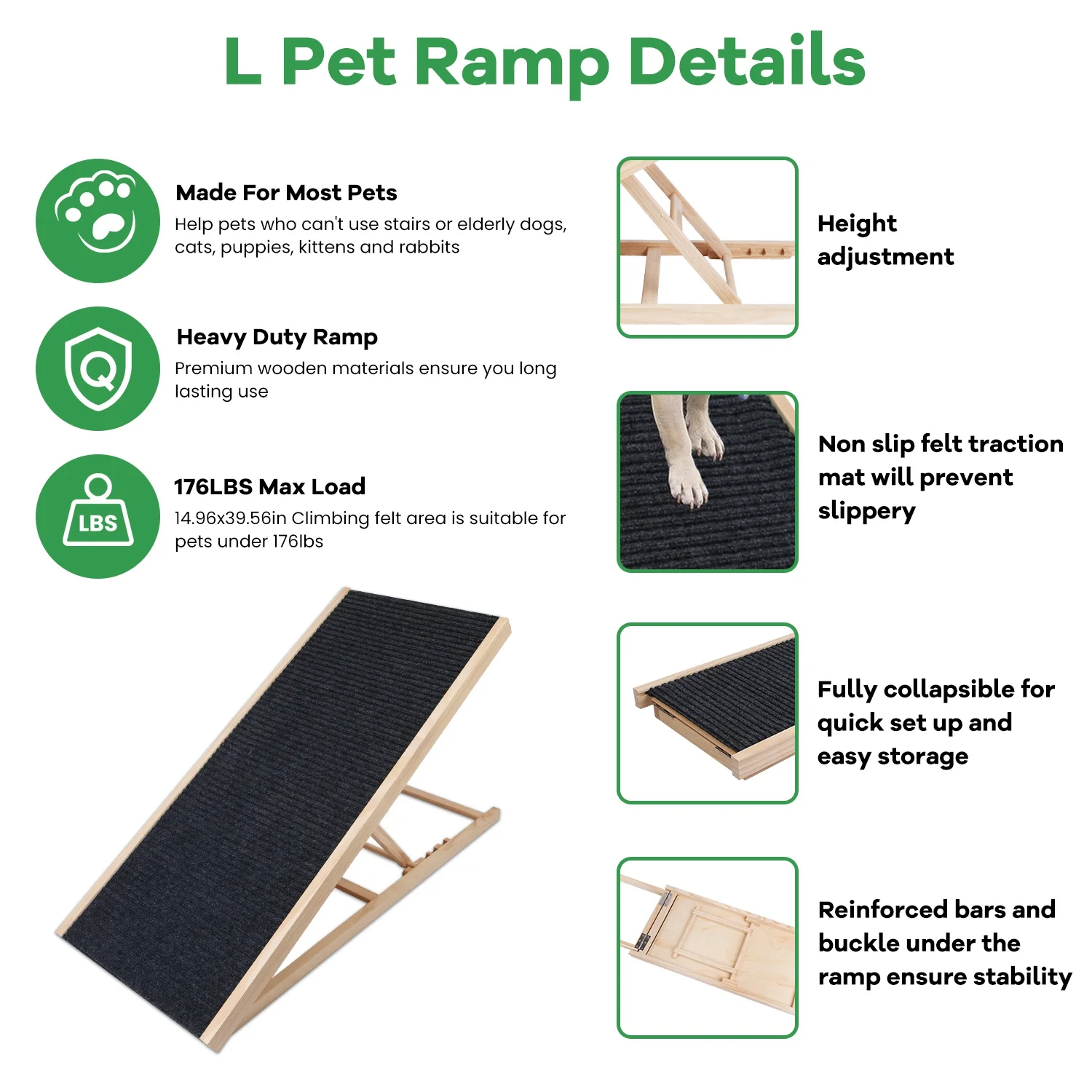 Adjustable Folding Wooden Pet Ramp, iMounTEK Portable Dog Cats Ramp for Bed and Car, Non Slip Dog Ramp with 2 Levels Height Adjustable for Couch Car SUV, Up to 61LBS Load - L