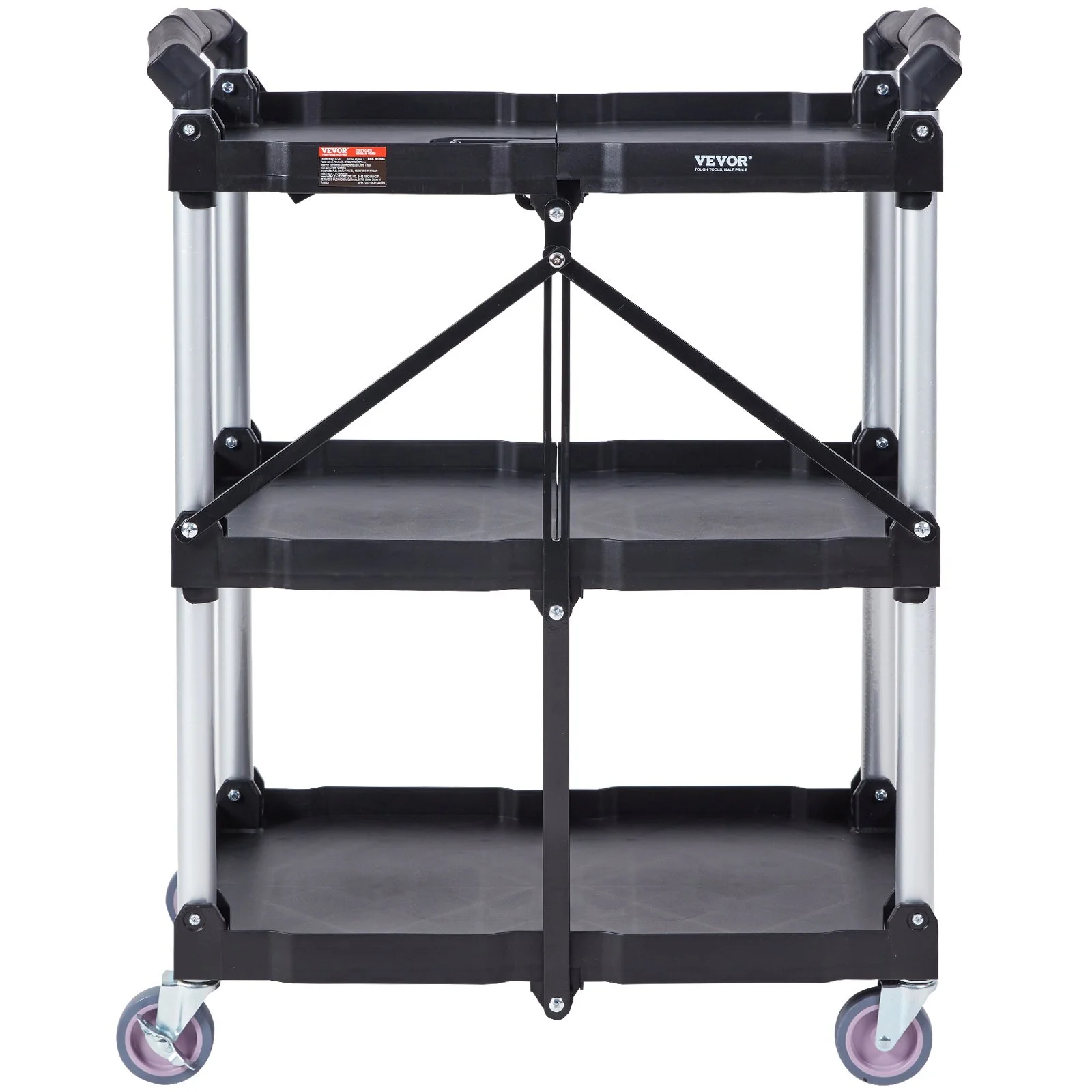 EVOR 3-Shelf Rolling Utility Cart - 165LBS Capacity, Foldable, Lockable Wheels, for Warehouse, Office, Home - 25.6x15.4x32.8 inches