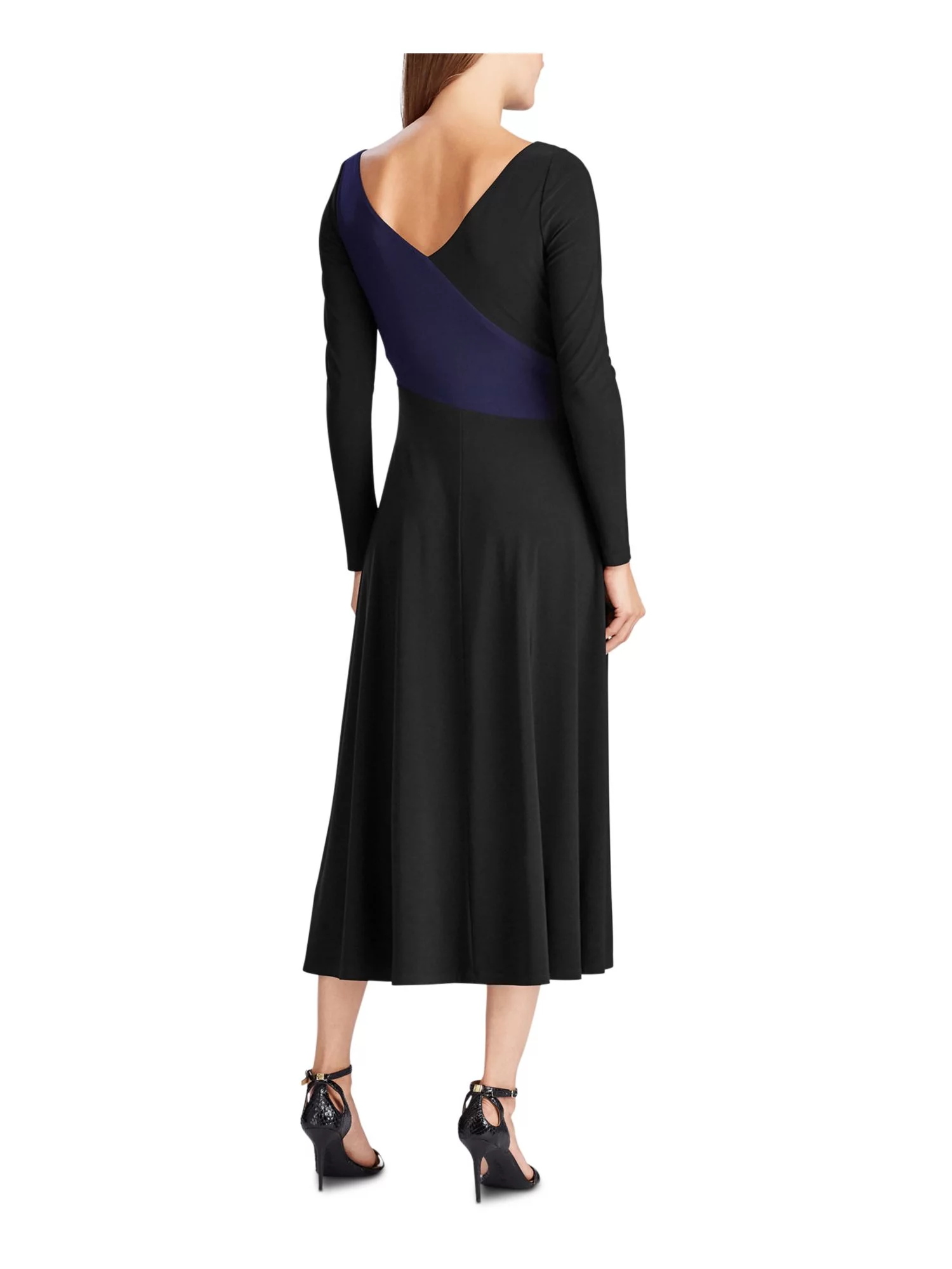 RALPH LAUREN Womens Black Long Sleeve V Neck Tea-Length Formal Trapeze Dress 6