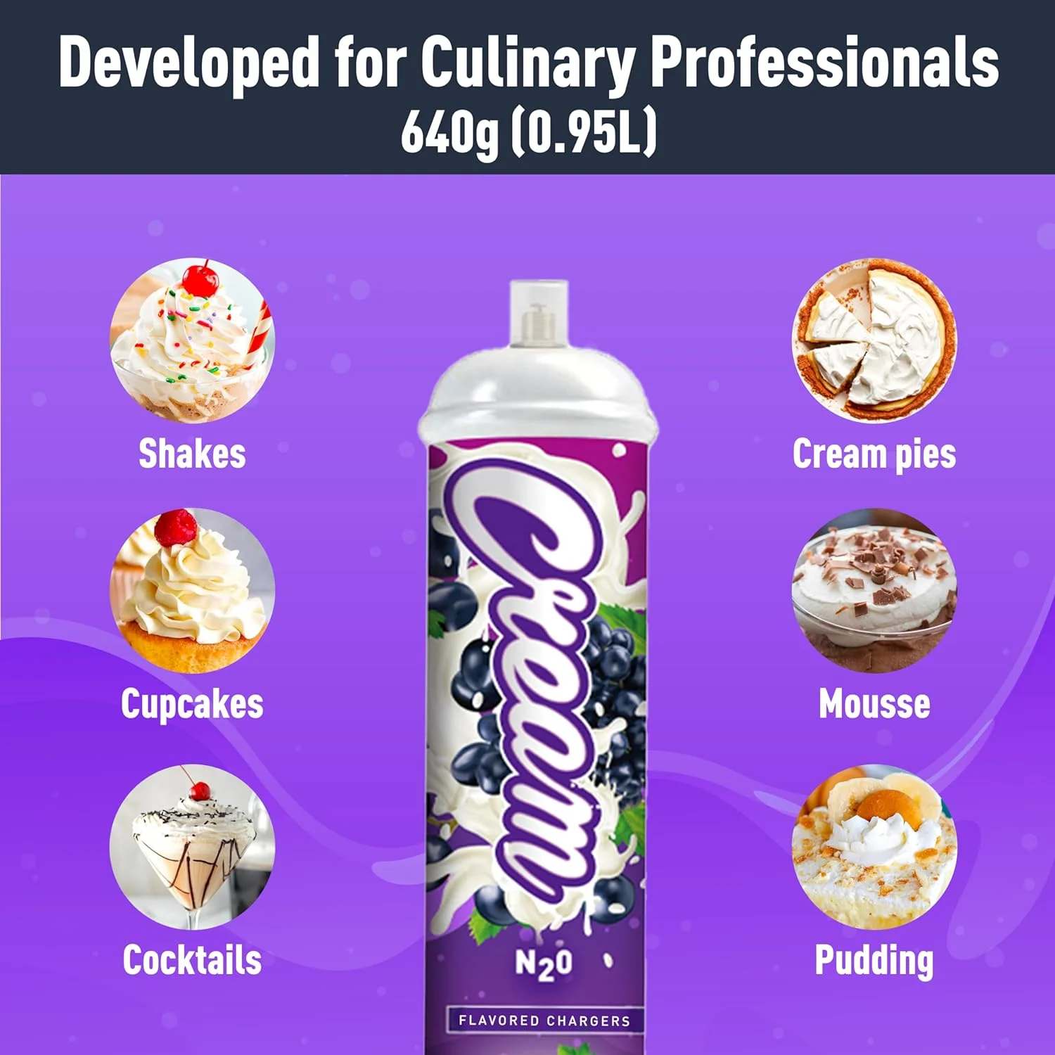 CREAM N2O Nitrous Oxide Whipped Cream Charger (Grape, 1pc, 640g 1.1L) - Nitrous Tank Whip Cream Charger, Nitrous Oxide Canister, N20 Whipped Cream Chargers, Whip It NO2 Cartridges, Nitrous Oxide Tank