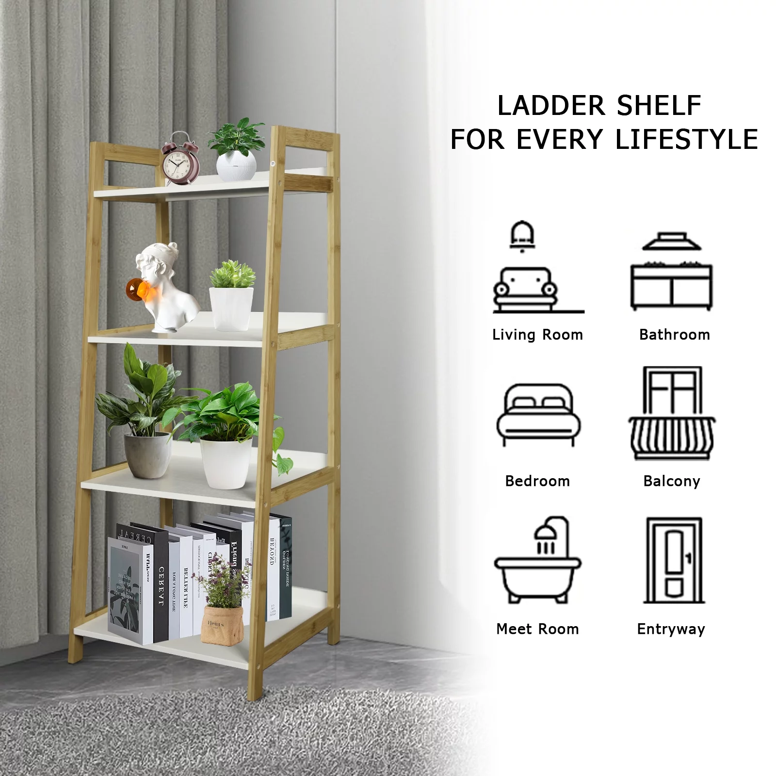 Fionafurn 4-Tier Ladder Shelves Display Plant Stand, Utility Free Standing Industrial Style Bookcase