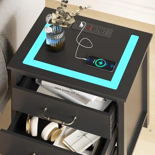 GEROBOOM Nightstand with Charging Station & LED Lights  Bedside Table Night Stand for Bedroom  LED Nightstand with Drawers  End Table with USB Ports & 2 AC Outlets  Black
