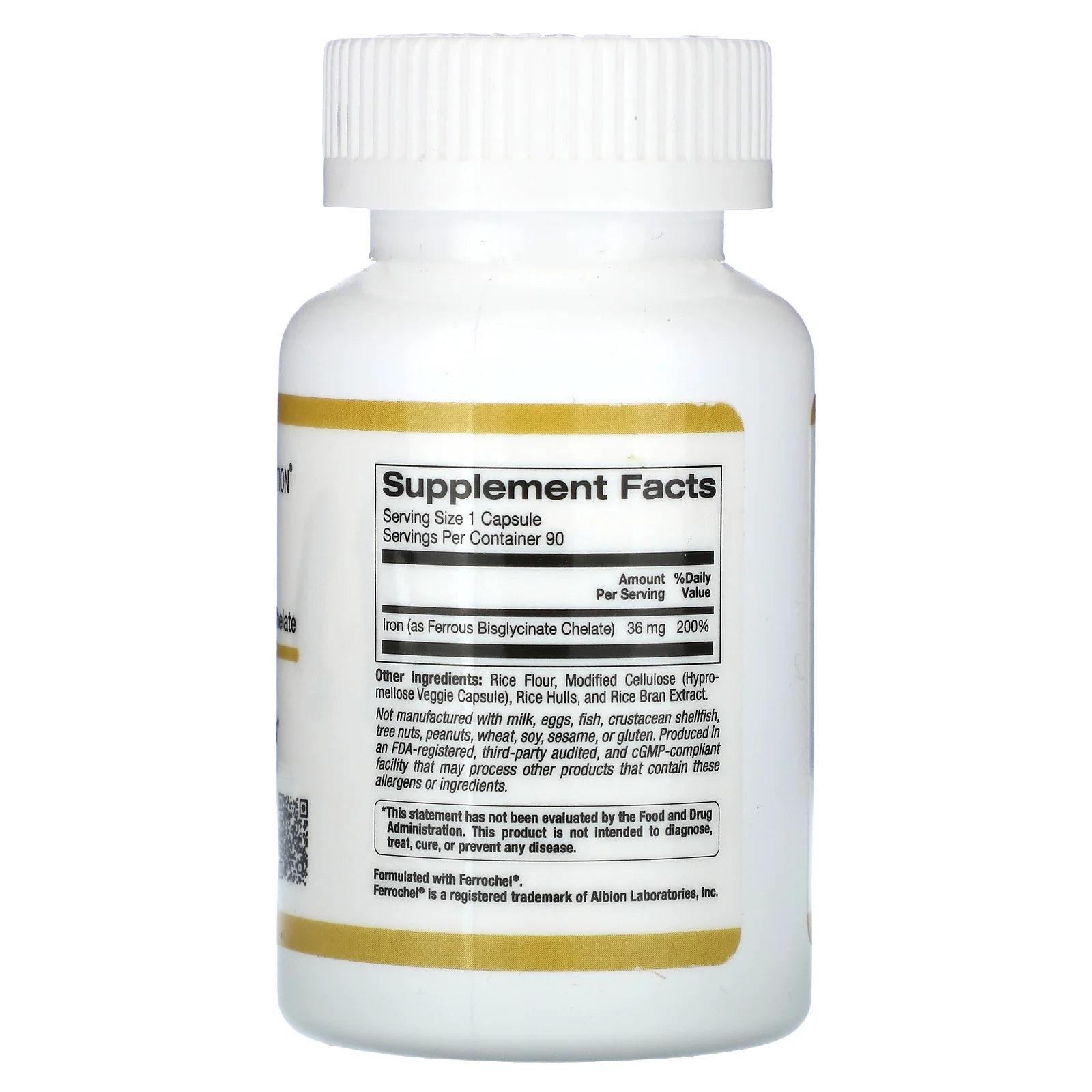 Ferrochel Iron, Ferrous Bisglycinate Chelate Form, Gentle on the Stomach, 36 mg, 90 Veggie Capsules