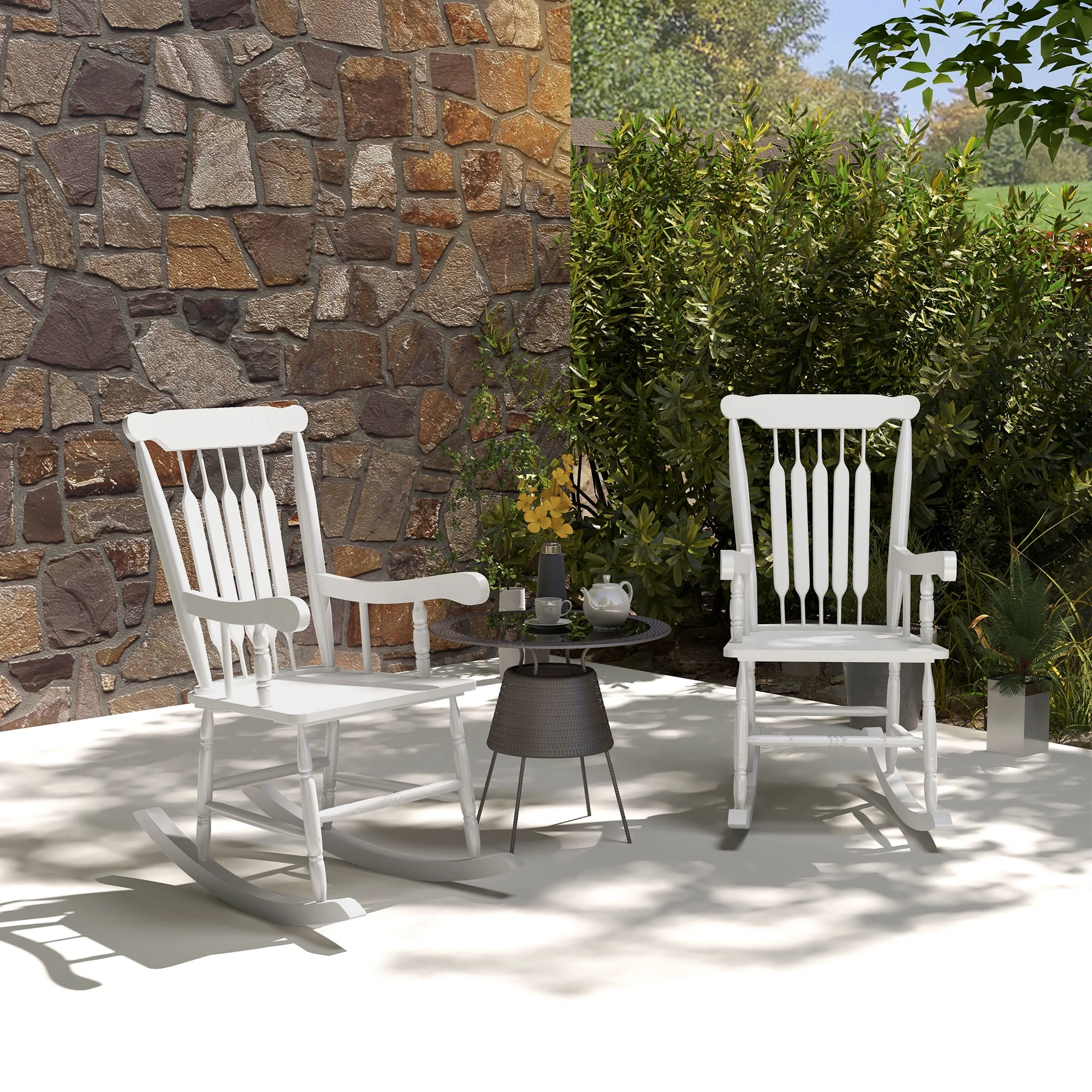Outsunny 350 lbs Outdoor Wood Rocking Chairs Set of 2 with High Back White