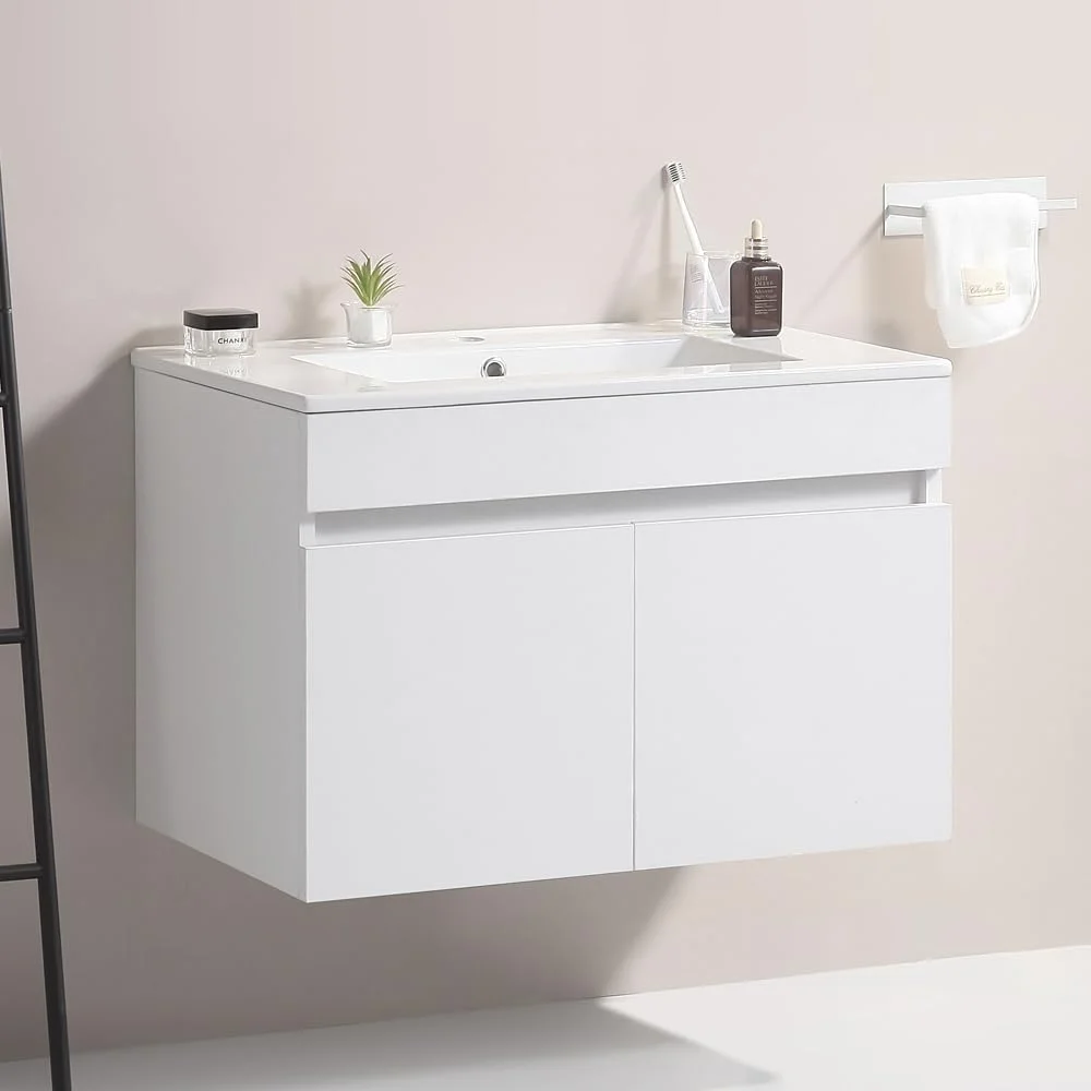 20 Inch Bathroom Vanity with Sink, Bathroom Storage Vanity Cabinet with White Ceramic Basin, 2 Doors Solid Wood, Excluding Faucets, Wall Mounted, Black