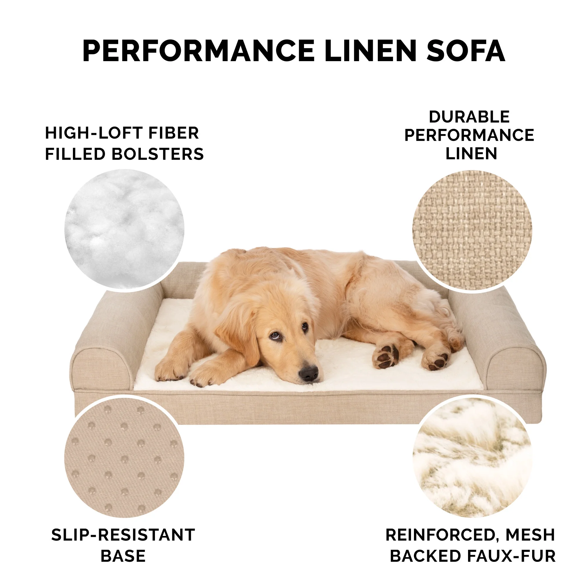 FurHaven Pet Products Medium Plush & Performance Linen Orthopedic Sofa Dog Bed, Flax
