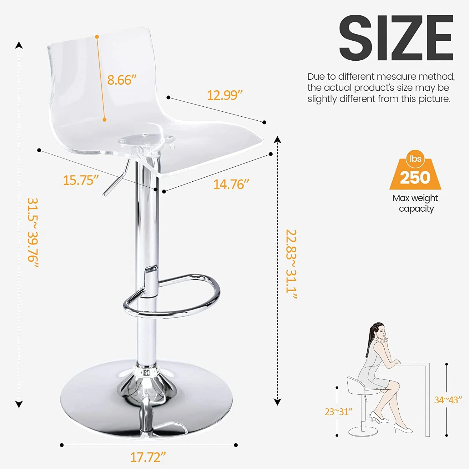 U-SHARE  Acrylic Bar Stools with Mid Back, Set of 2, Transparent Adjustable Swivel Airlift Barstools, Counter Height Bar Chairs for Kitchen Dining Room Pub Cafe (Clear)