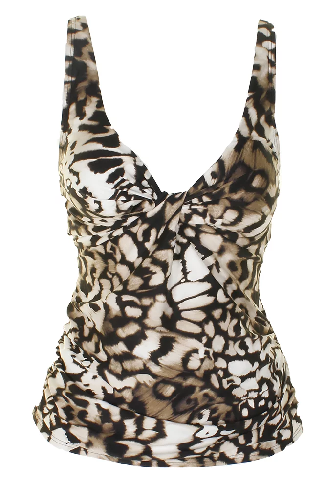 Calvin Klein Women Swimsuit Tankini Top Large Bronze Print Ruched Tummy Control