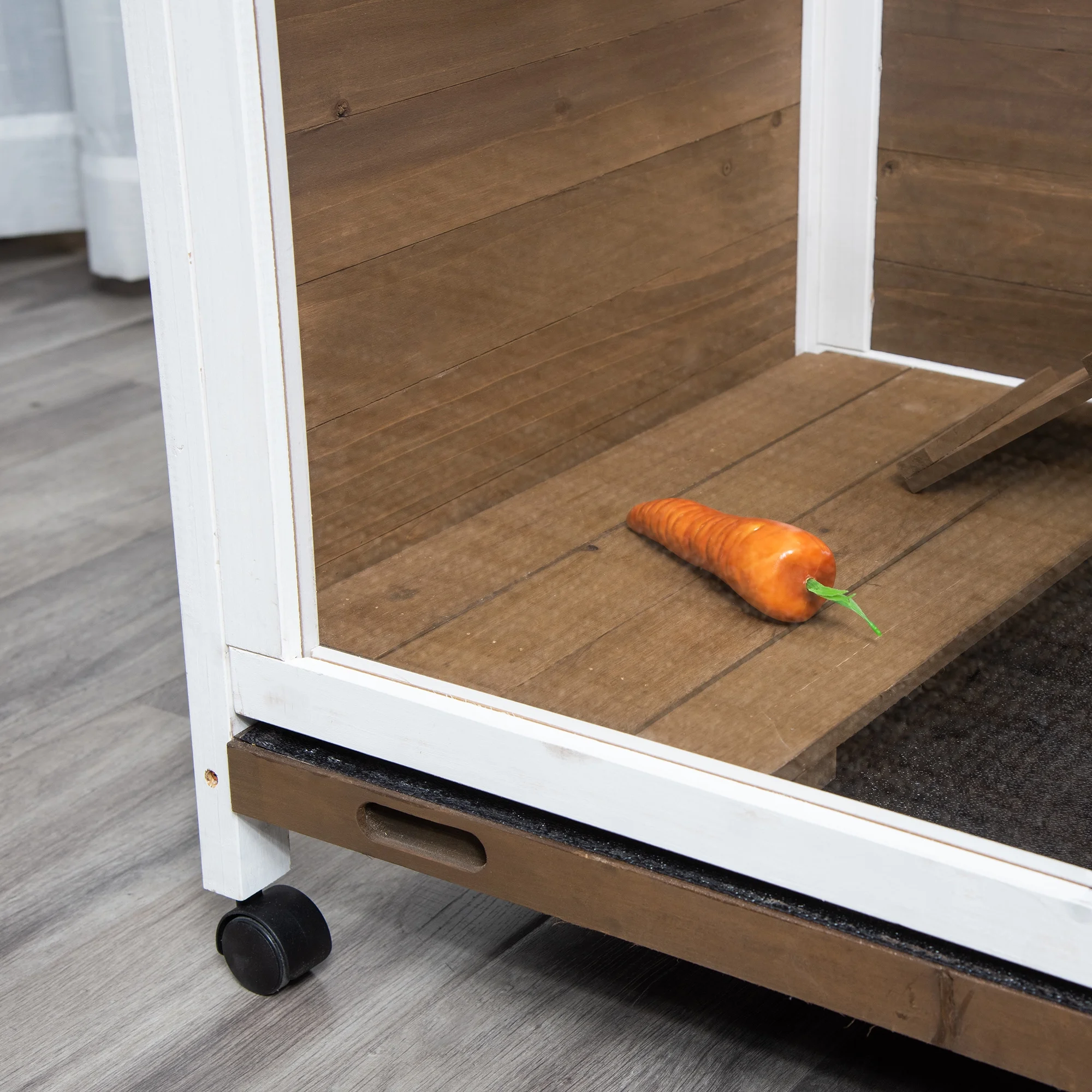 PawHut Indoor Rabbit Hutch with Wheels, Desk and Side Table Sized, Wood Rabbit Cage, Waterproof Small Rabbit Cage, Brown