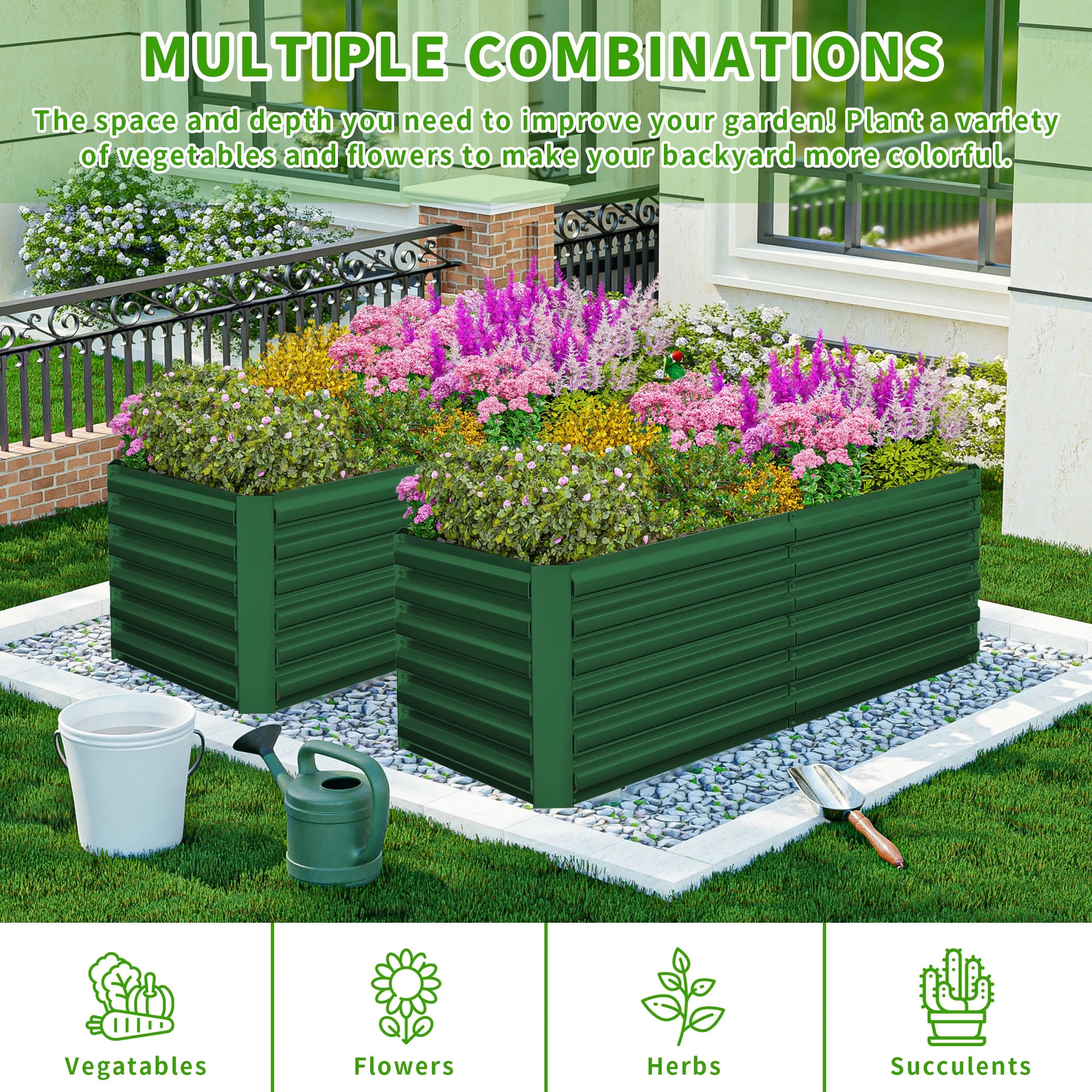 Outdoor Metal Raised Garden Bed,8x4x2ft Planter Box for Vegetables,Flowers,Herbs w/478 Gallon Capacity, Green