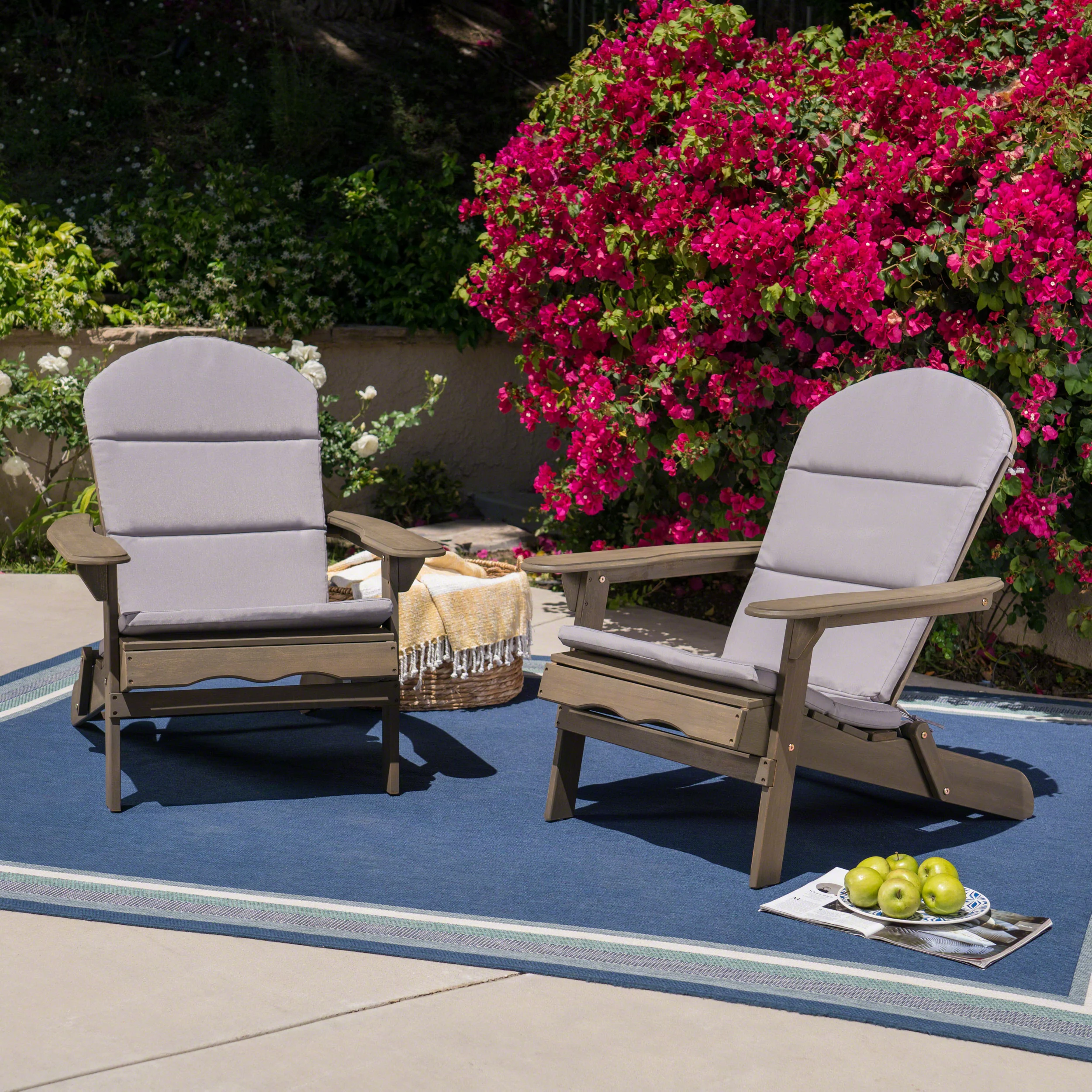 GDF Studio Cartagena Outdoor Acacia Wood Folding Adirondack Chairs with Cushions, Set of 2, Gray