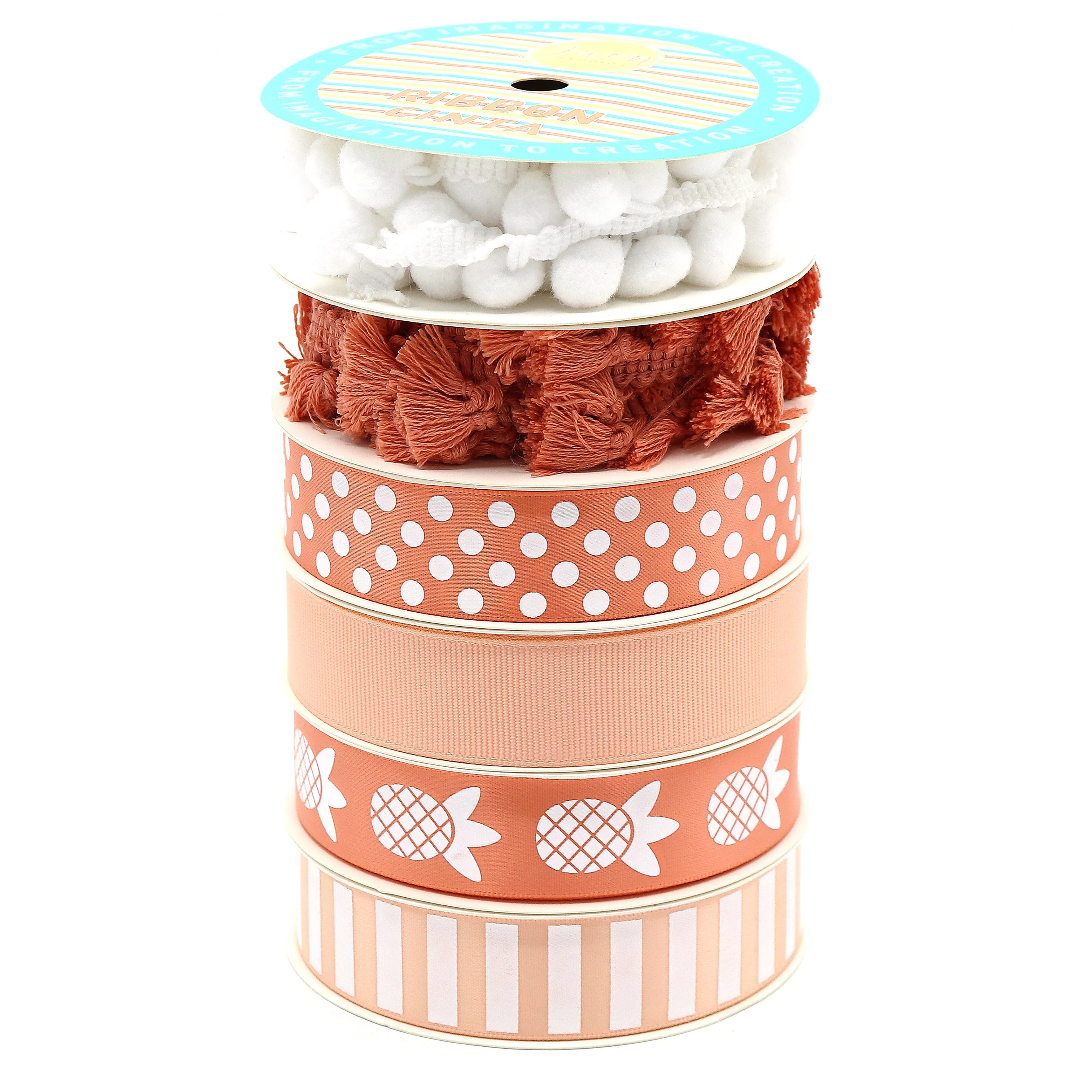Pom-Pom, Fringe Trim and Ribbon Pack, 16 Yards, Peach and White by Gwen Studios