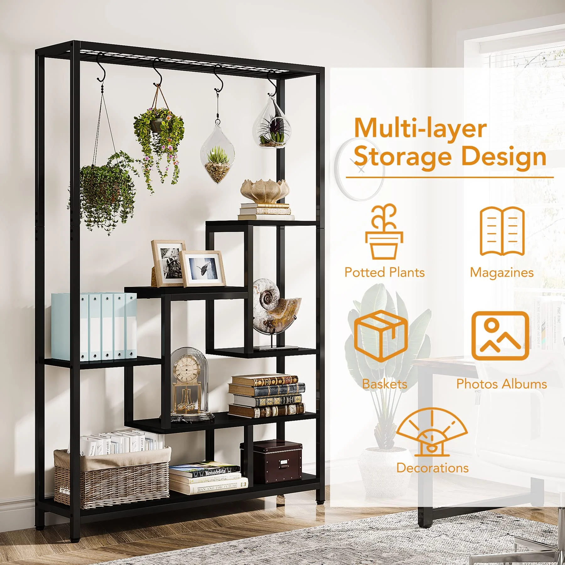 5-Tier Tall Indoor Plant Stand, 70.9 inches Large Metal Plant Shelf with 6PC S Hanging Hooks, Multi-Purpose Flower Bonsai Pots Display Rack for Indoor, Garden, Balcony, Living Room, Black