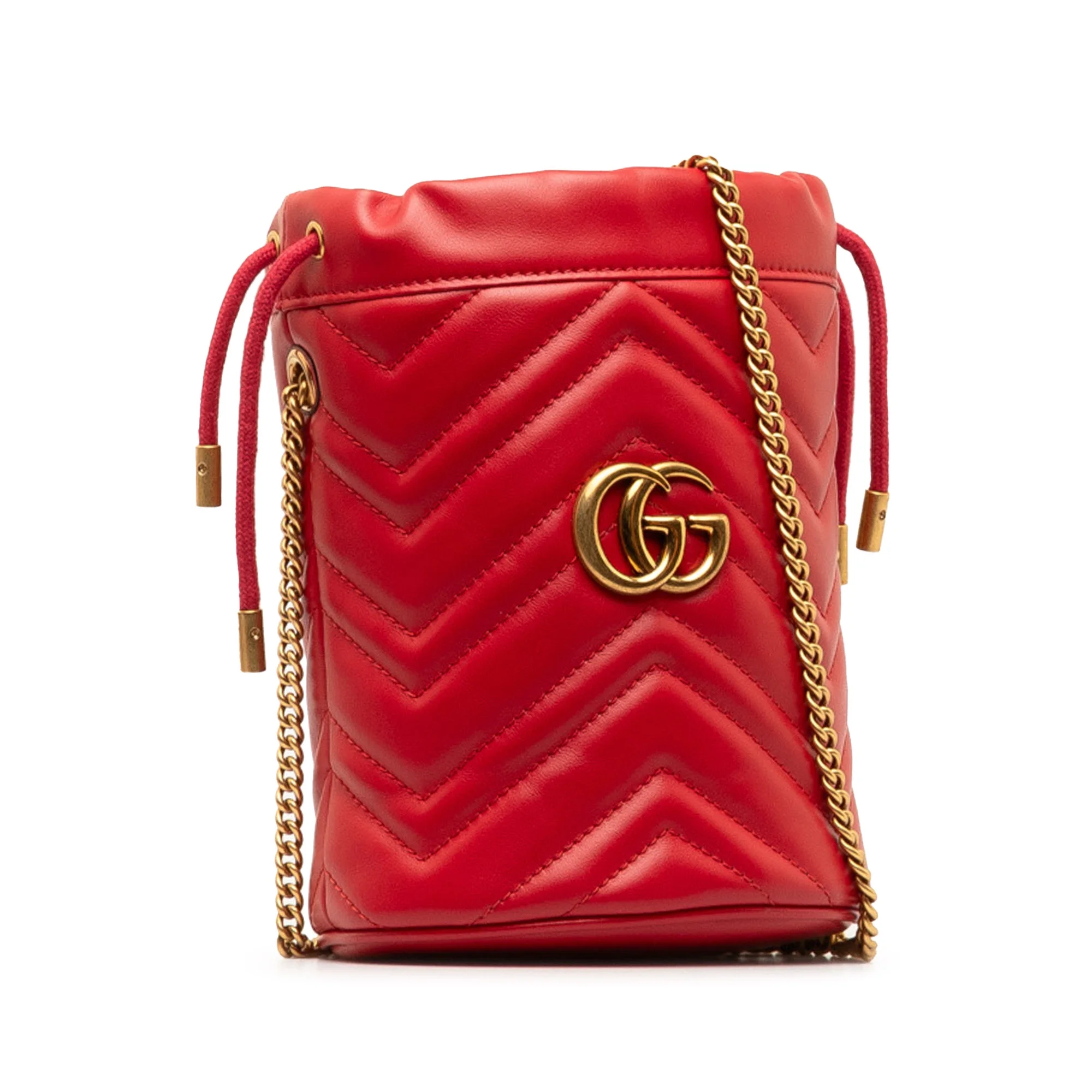 Pre-Owned Authenticated Gucci Mini GG Marmont Matelasse Bucket Bag Calf Leather Red DrawstringBag Unisex (Good)
