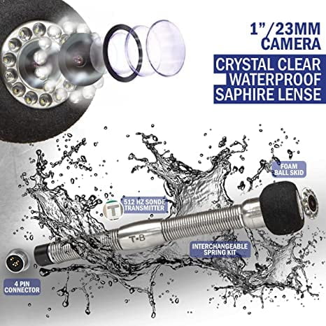 Sewer Camera, pipe inspection camera, 130FT cable W/ FT counter, 1'' camera head W/ 512Hz transmitter & self-leveling, can pair W/ 512Hz locator