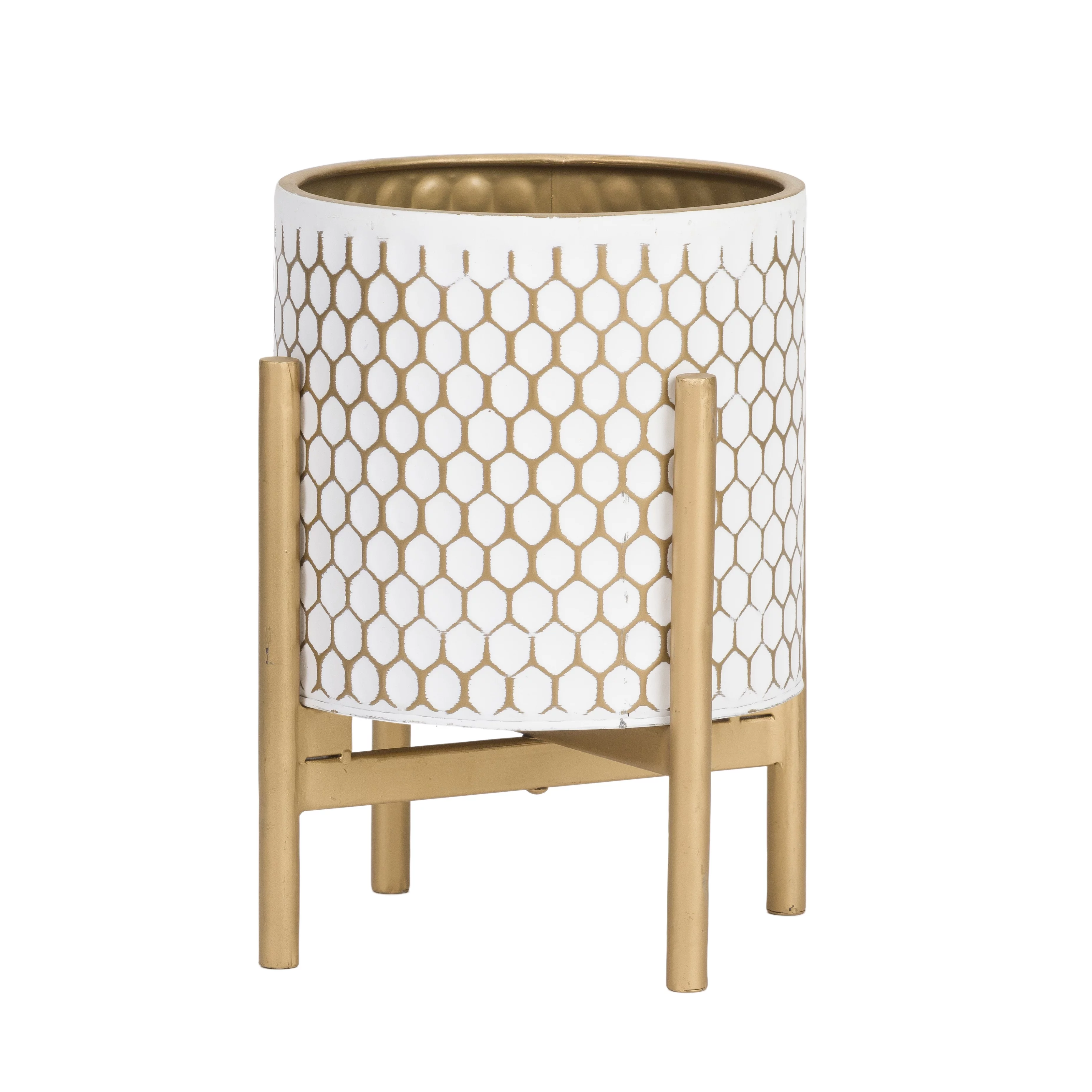Honeycomb Mid-Century Modern Indoor Metal Pot Planter with 4-Leg Gold Metal Base - 9.5