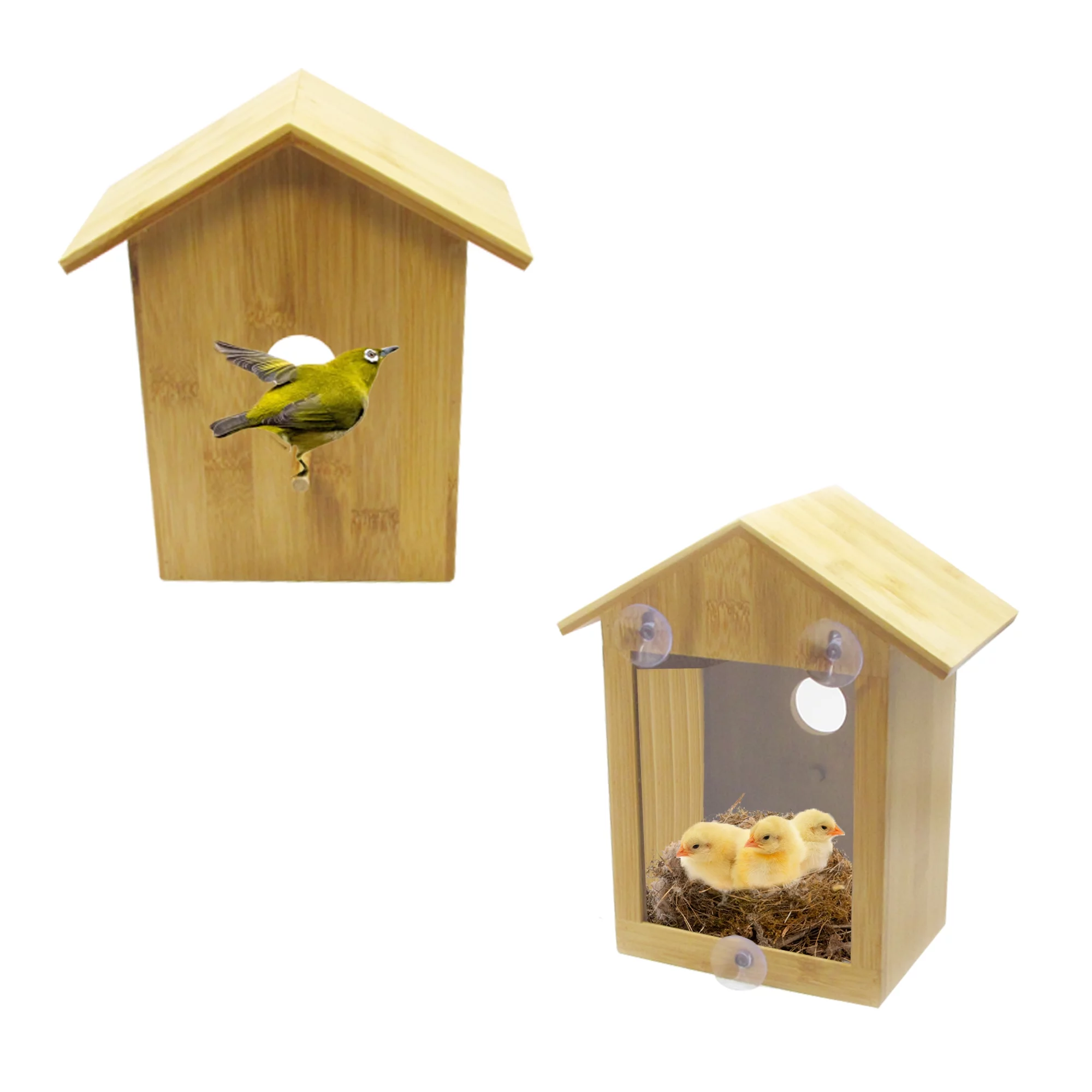 Spy House Wooden See Through Two Way Mirrored Bird House - Suction Cup Window Mounted Bird Nesting Box