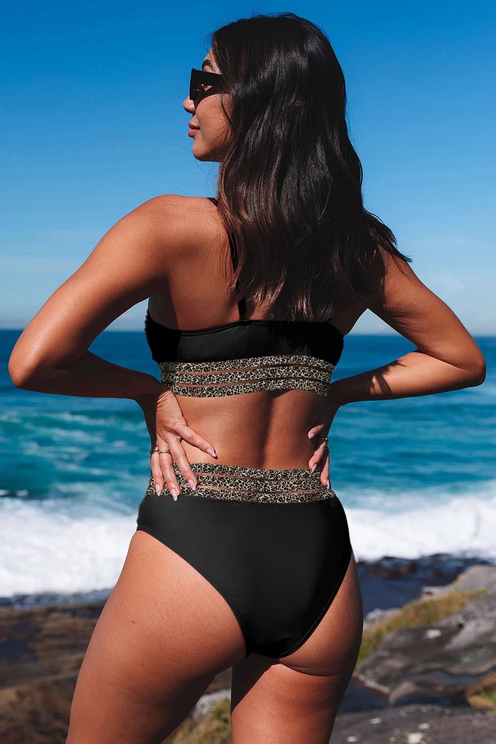 Juniors' Swimsuit Celebrity Black Leopard Mesh Trim 2pcs Bikini (XL, Multicolor)