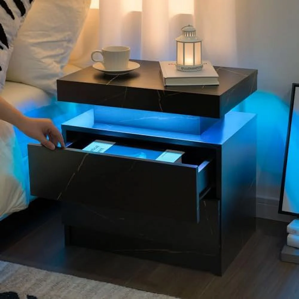 GEROBOOM LED Night Stand  Bedside Tables with 2 Drawers Modern LED End Side Tables Bedroom Nightstands