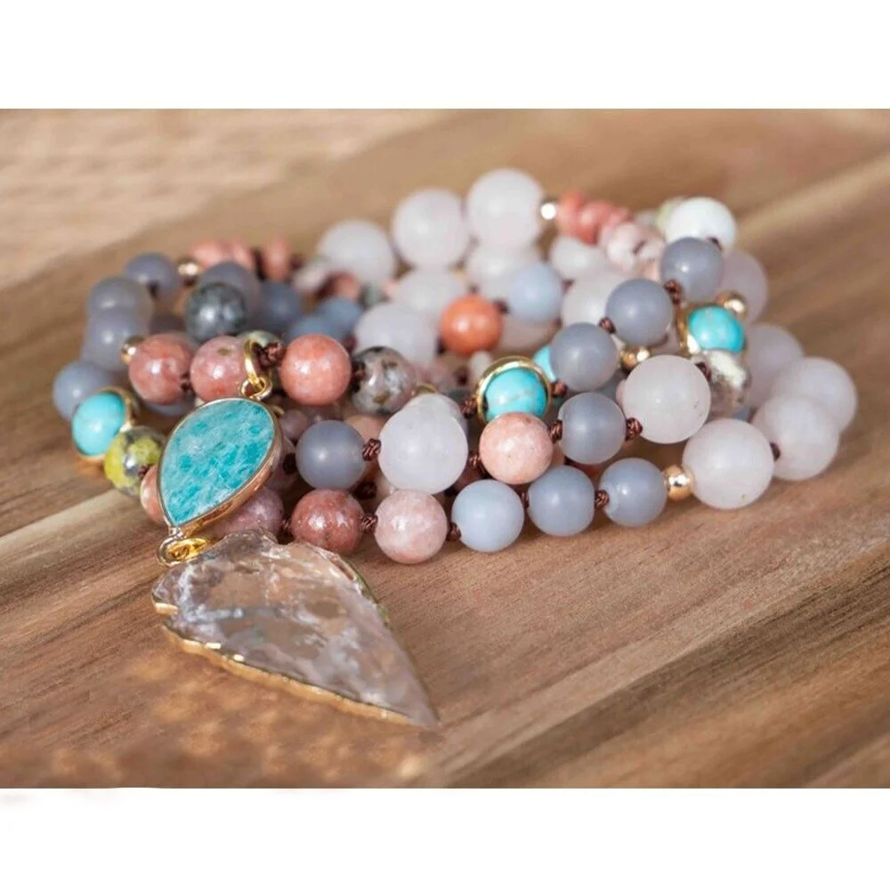 108 Mala Beads Rose Quartz Talisman Healing Meditation Yoga Women Necklace Gifts