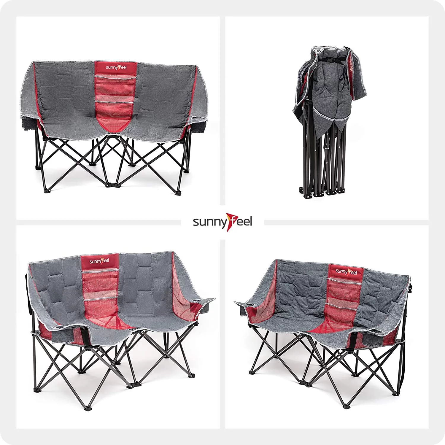 SunnyFeel Double Camping Chair Folding Loveseat Oversized for 2 Person (Gray)