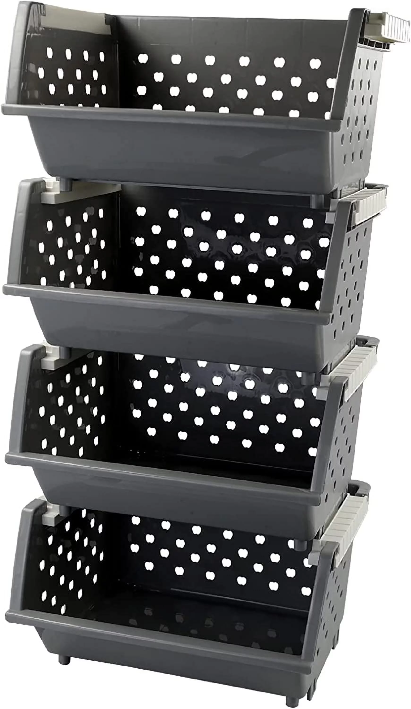 BSL 4-Pack Plastic Stacking Storage Basket, Stackable Organizer Bin, Gray