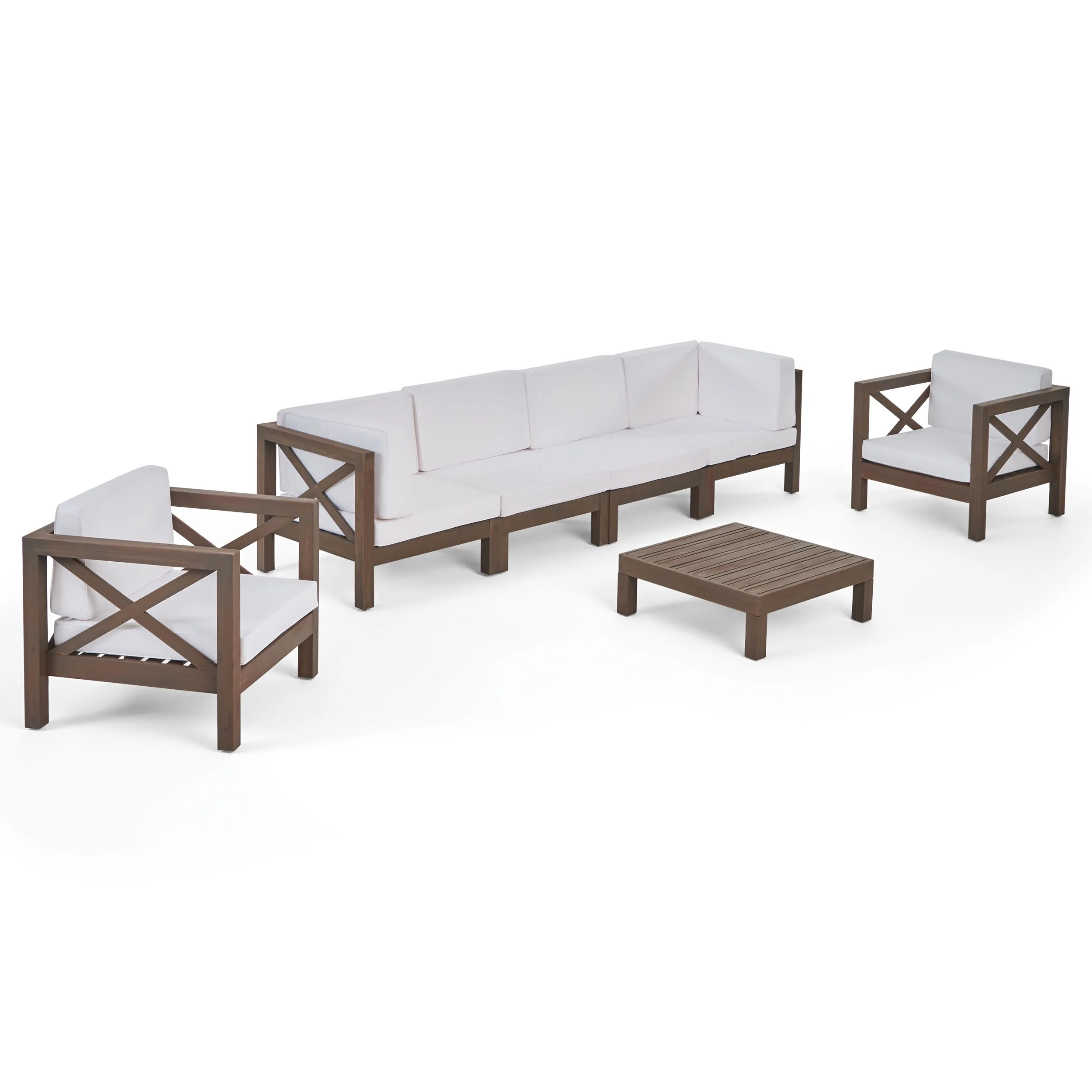 GDF Studio Keith Outdoor Acacia Wood 6 Seater Sofa Chat Set with Cushions, Gray and White