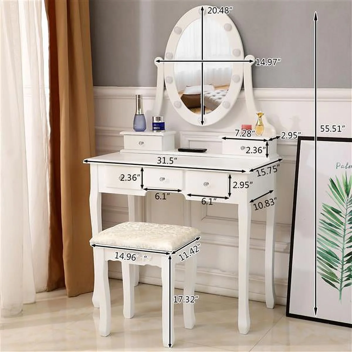 SYTHERS White Vanity Set Dressing Table with Removed LED Mirror and Cushion Stool and 5 Drawers for Adult Girls