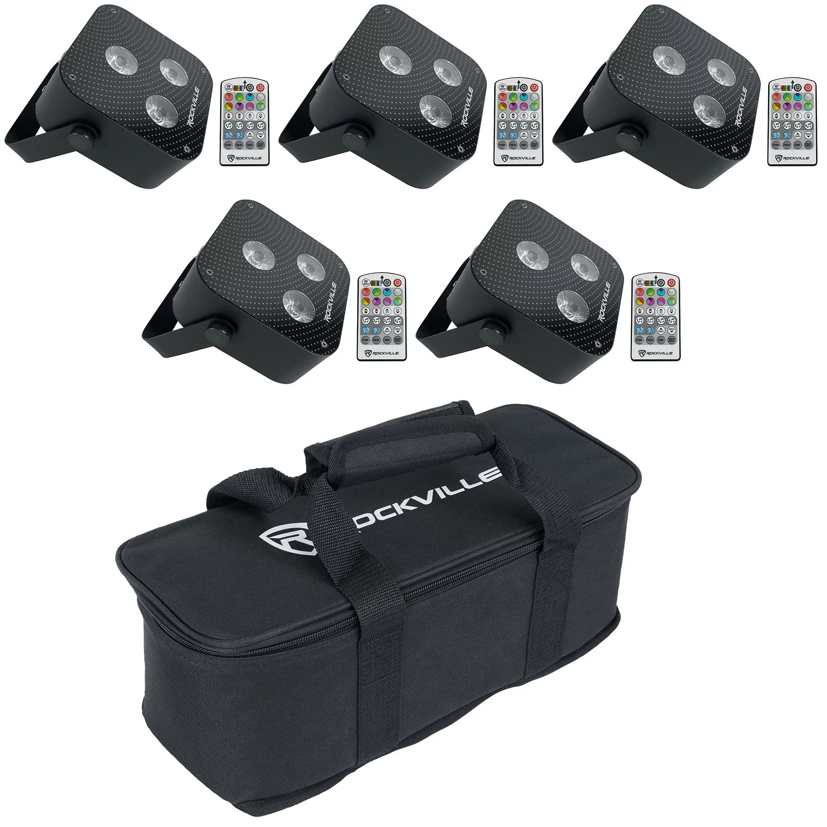 (5) Rockville MINI RF3 Black RGBWA+UV DJ/Party LED Wash Lights+Remotes+Bag