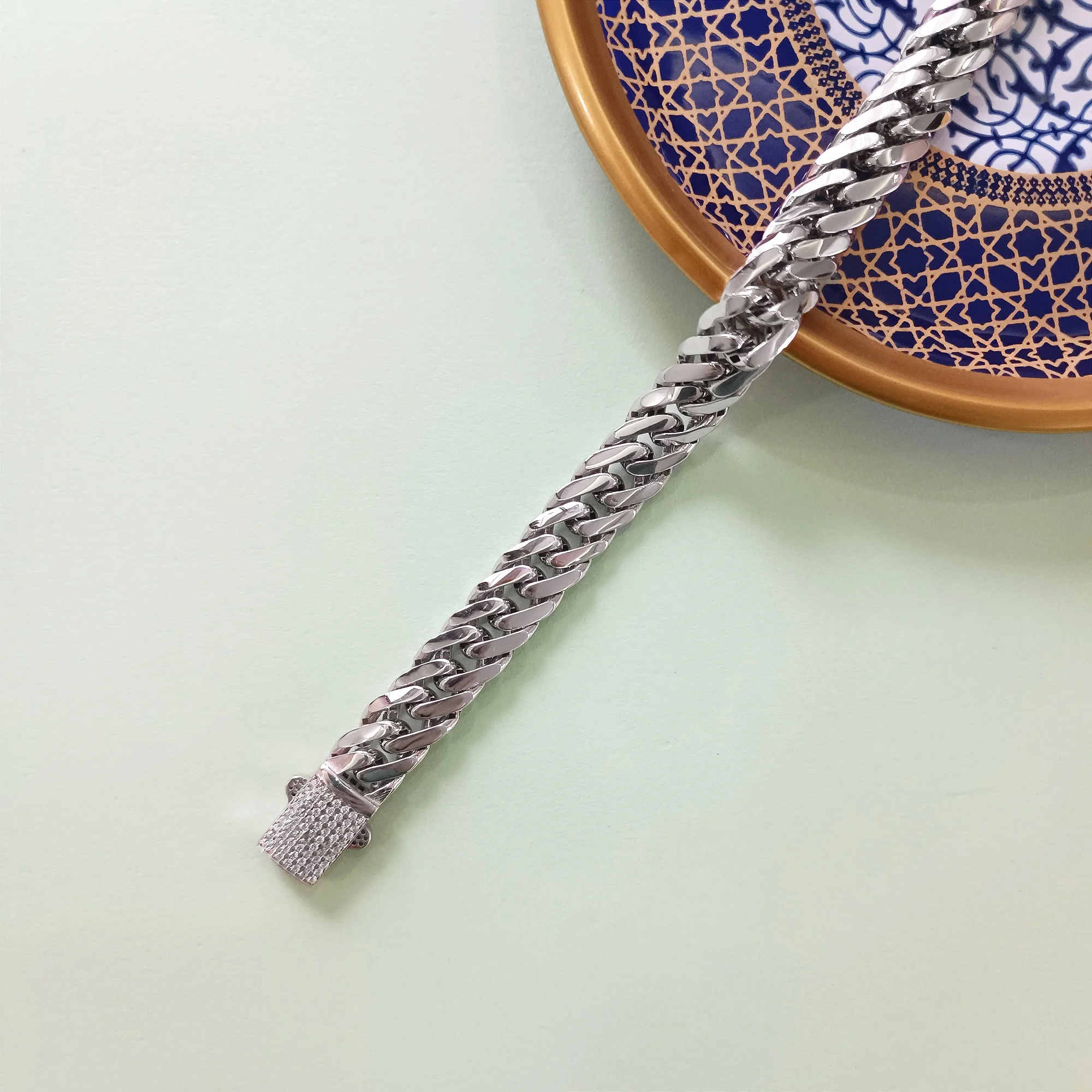 10mm 925 Sterling Silver Hollow Curb Chain Bracelet 8.4 in, Diamond Cut Flat Link Chain Bracelet for Men Zirconia Crystal Full Diamond Clasp