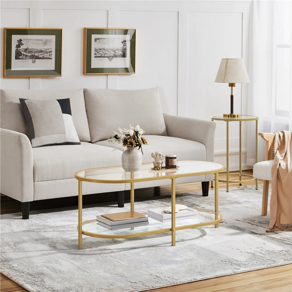 Alden Design Two-layer Modern Oval Glass Coffee Table for Living Room, Gold