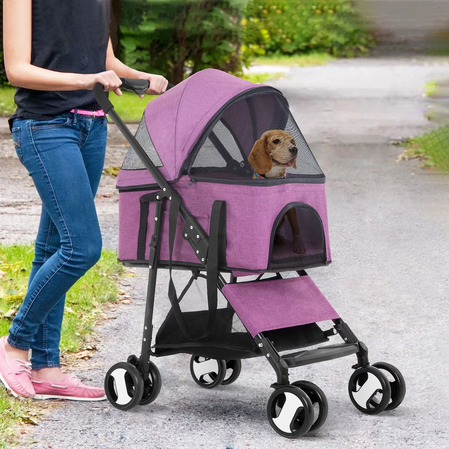 YRLLENSDAN Pet Stroller Premium 3-in-1 Multifunction Dog Cat Jogger Stroller for Medium Small Dogs Cats Folding Lightweight Travel Stroller with Detachable Carrier &Cup Holder (Purple, 4 Wheels)