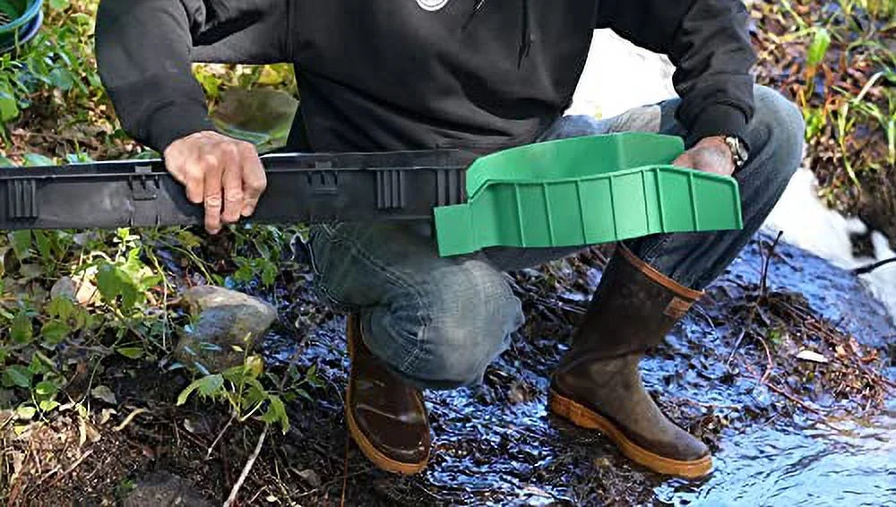 36 Inch Portable Sluice Box For Prospecting; Classifier Mount At Sluice Box Header. Backpack Sluice Box With Pay Dirt Bucket Sifter (1/4 Inch Mesh)