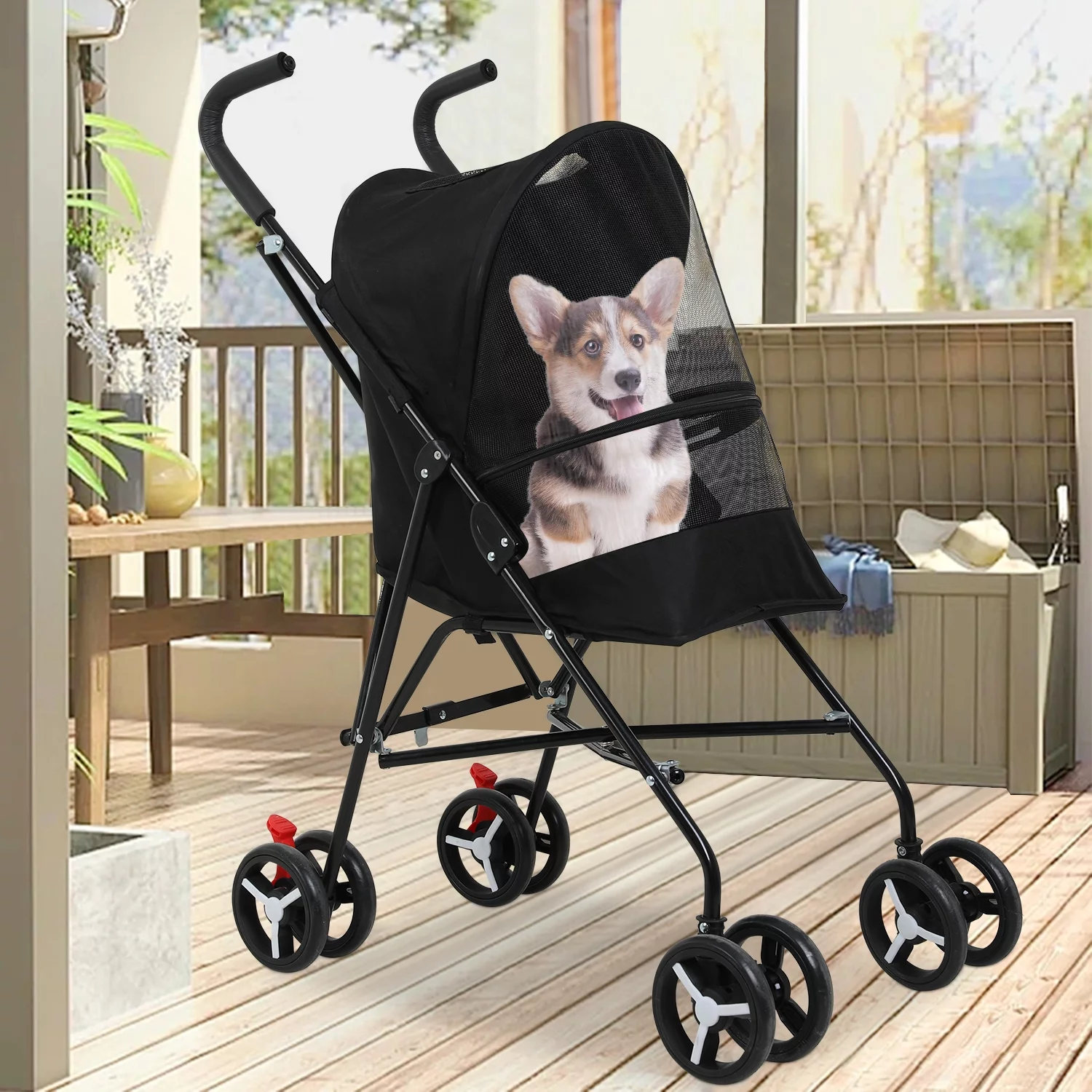 Pet Stroller Dog Cat Stroller with Handlebars Canopy Breathable Mesh & Leash Seat Belt Foldable Puppy Stroller for Small Medium Dogs Cats,Black