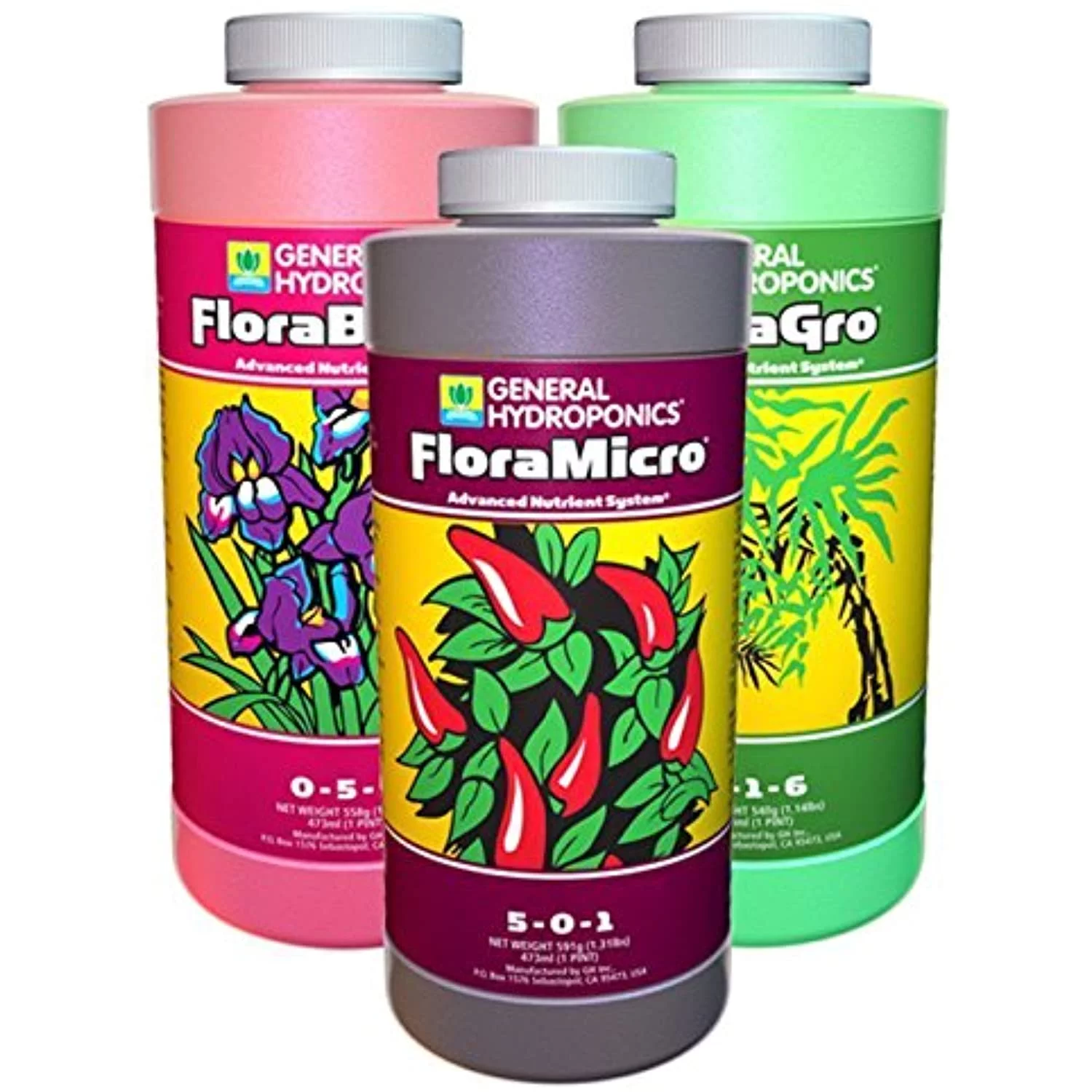 General Hydroponics Flora Grow, Bloom, Micro Combo Fertilizer Set, 1 pint (Pack of 3)