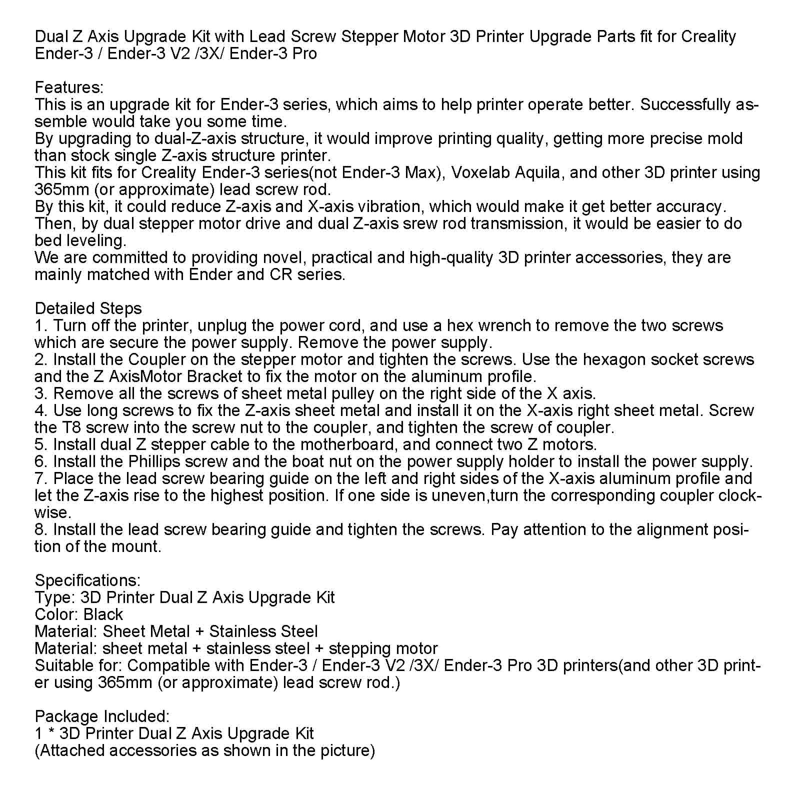 Dual Z Axis Upgrade Kit with Lead Screw Stepper Motor for Ender-3/Ender-3 V2