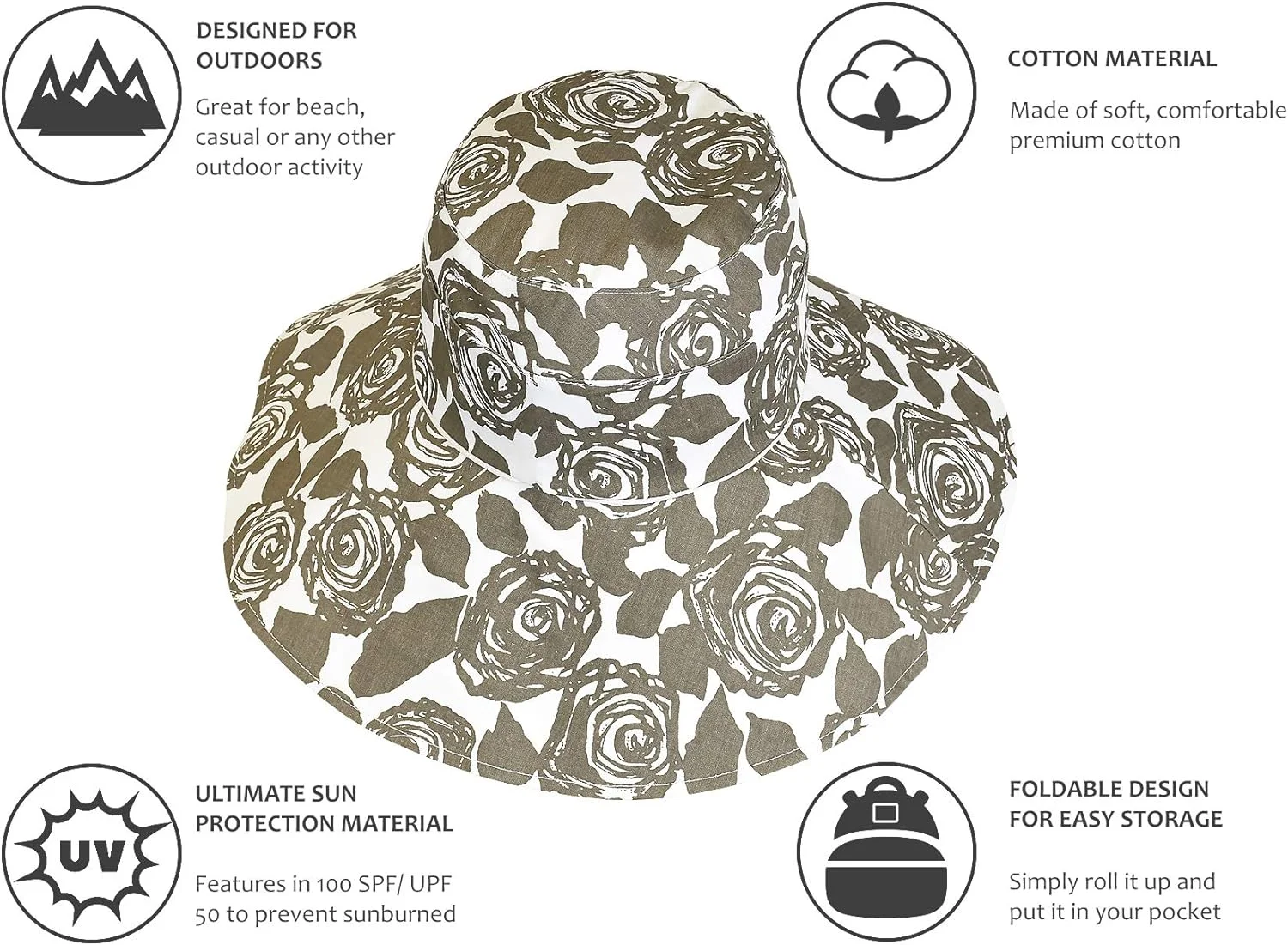 Womens 5'' Super Wide Brim Sun Hats Summer UPF 50+ Beach Hat Foldable Floppy Rose