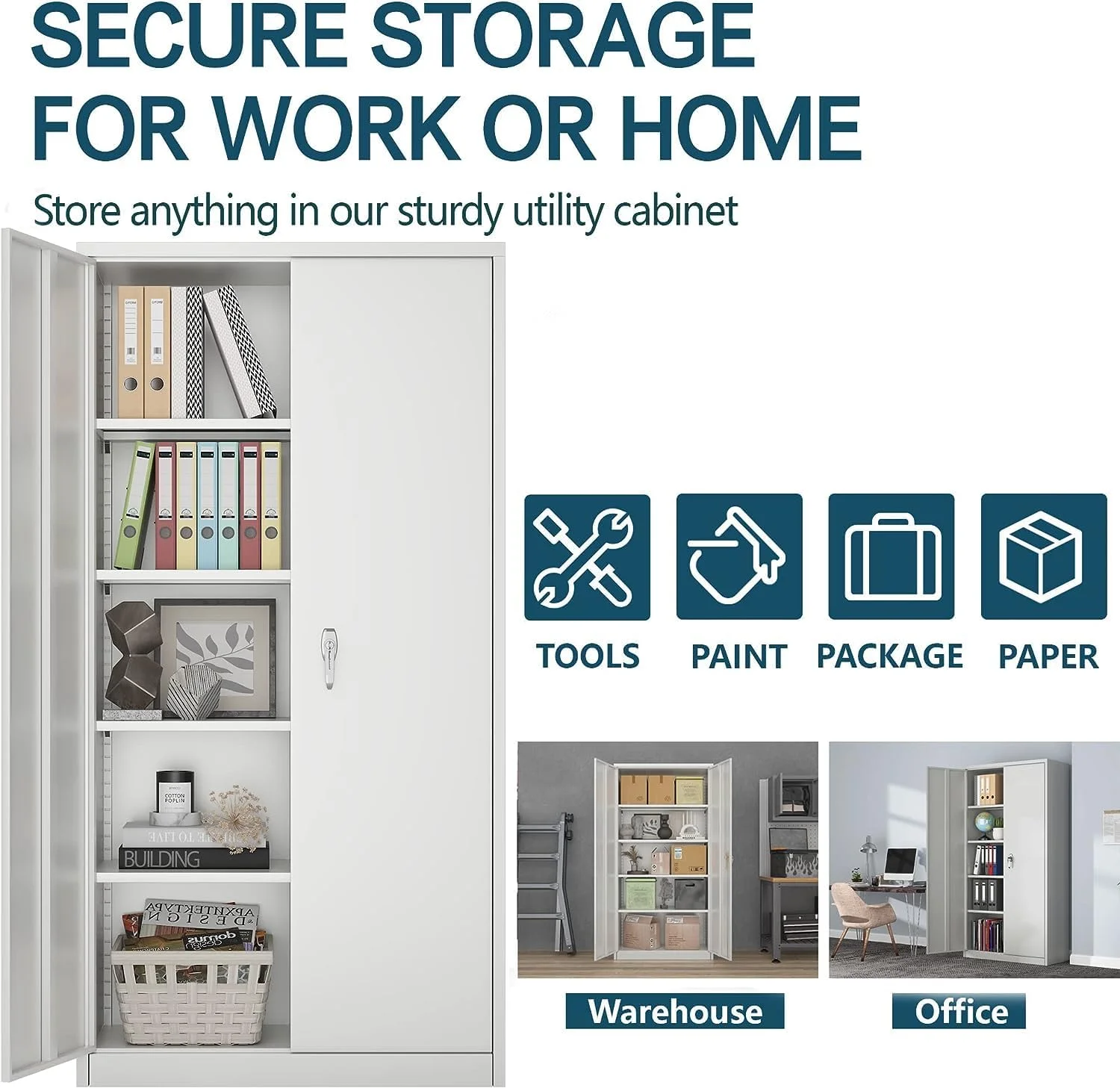 Metal Storage Cabinet with 2 Door and 4 Adjustable Shelves, 71 inch Tall Steel Cabinet for Warehouse, Garage, Home, Office,Easy Assemble Required(Gery)