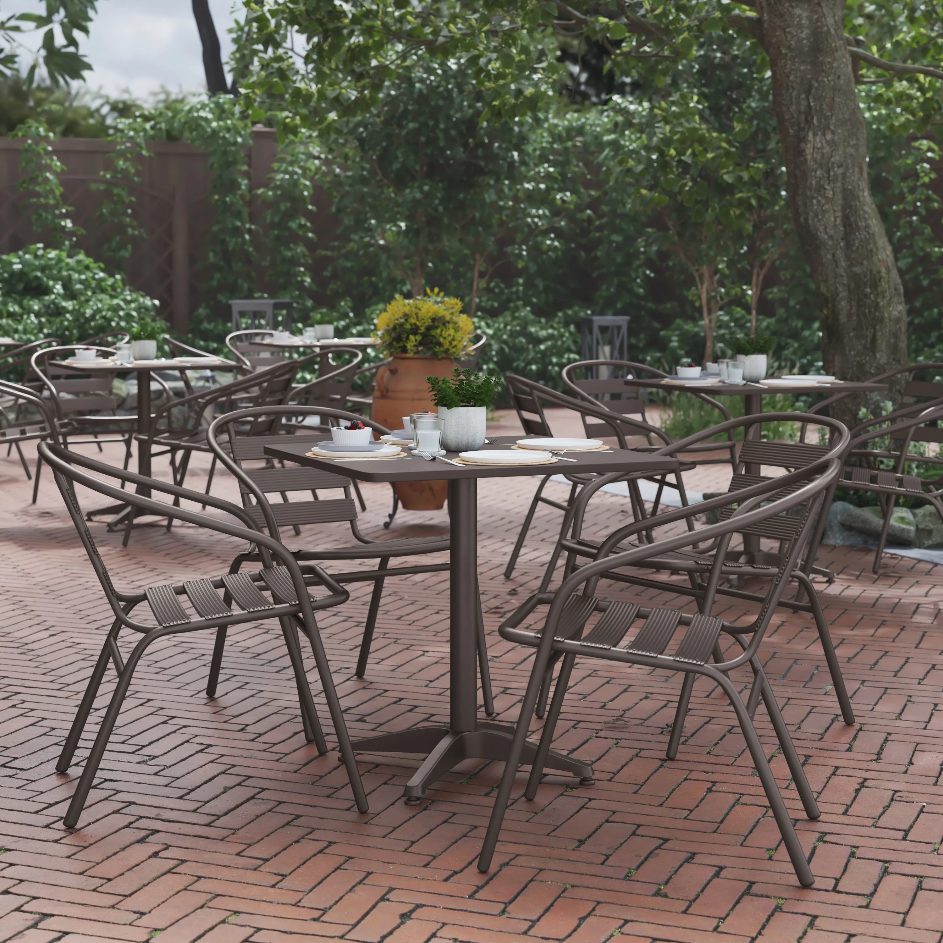 BizChair 27.5'' Bronze Square Aluminum Indoor-Outdoor Table Set with 4 Bronze Slat Back Chairs