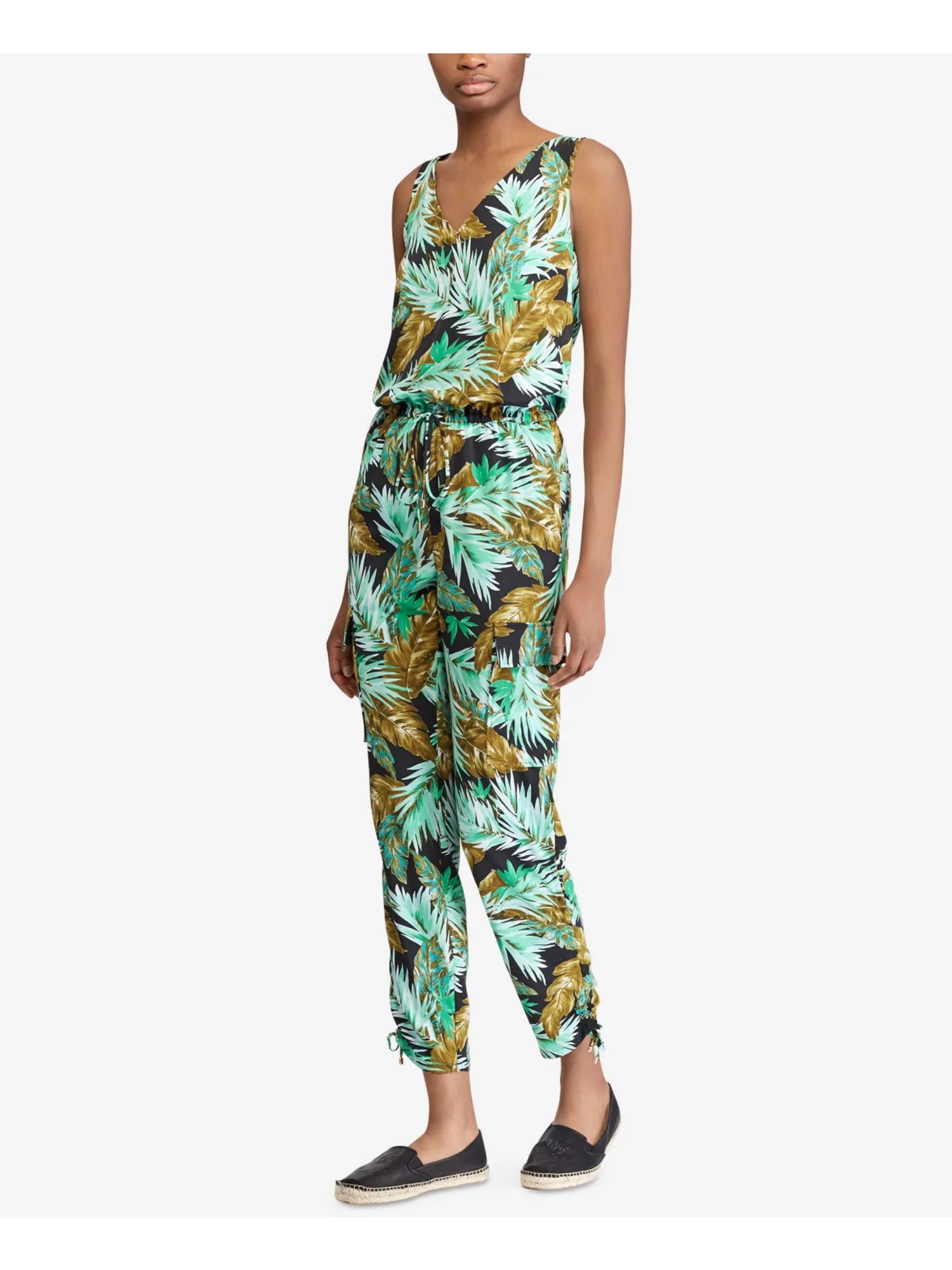 RALPH LAUREN Womens Green Leaf Print Sleeveless V Neck Jumpsuit 8