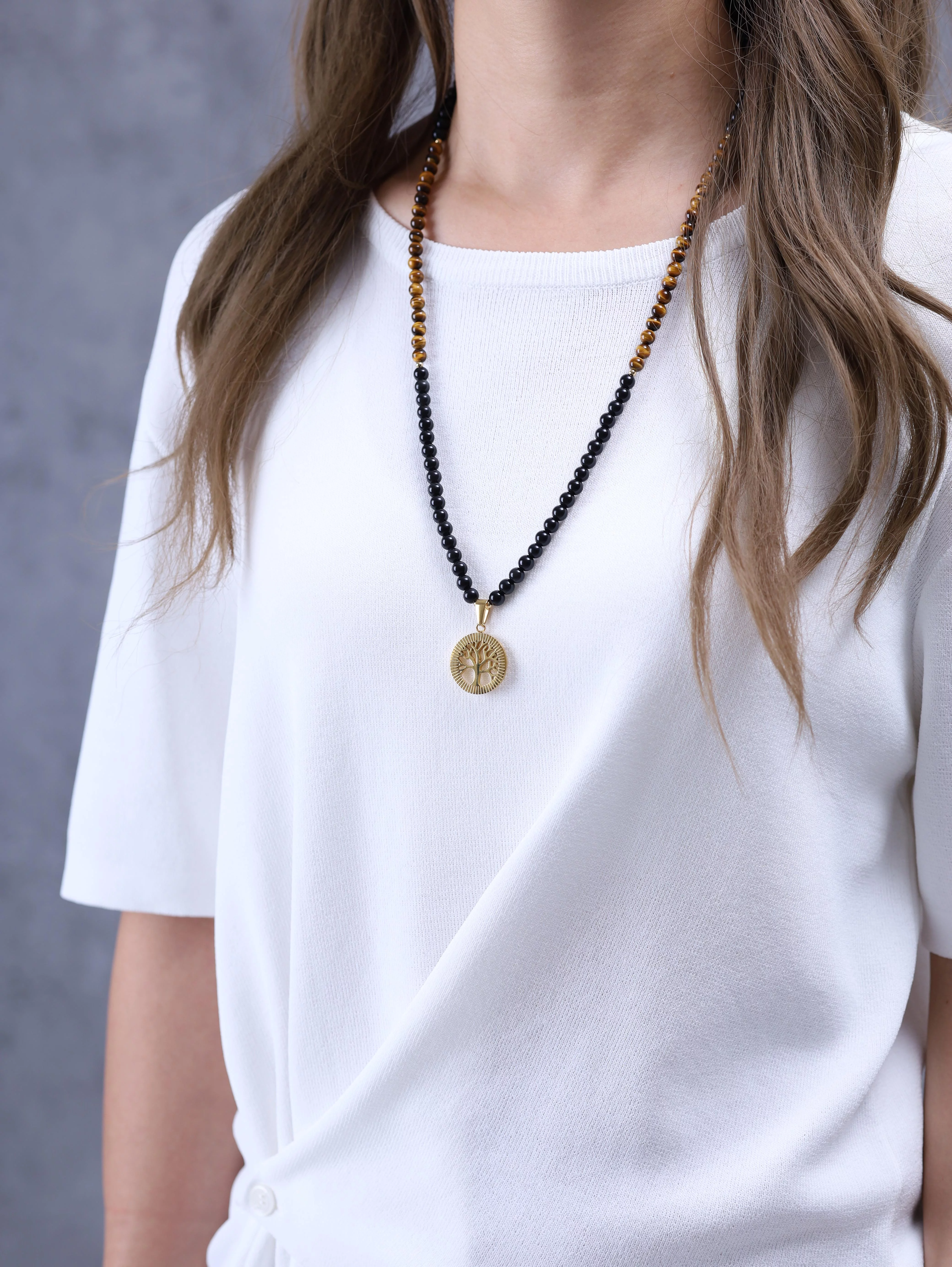 COAI Adjuastable Tree of Life Tiger Eye Obsidian Stone 108 Beads Mala Pendant Necklace