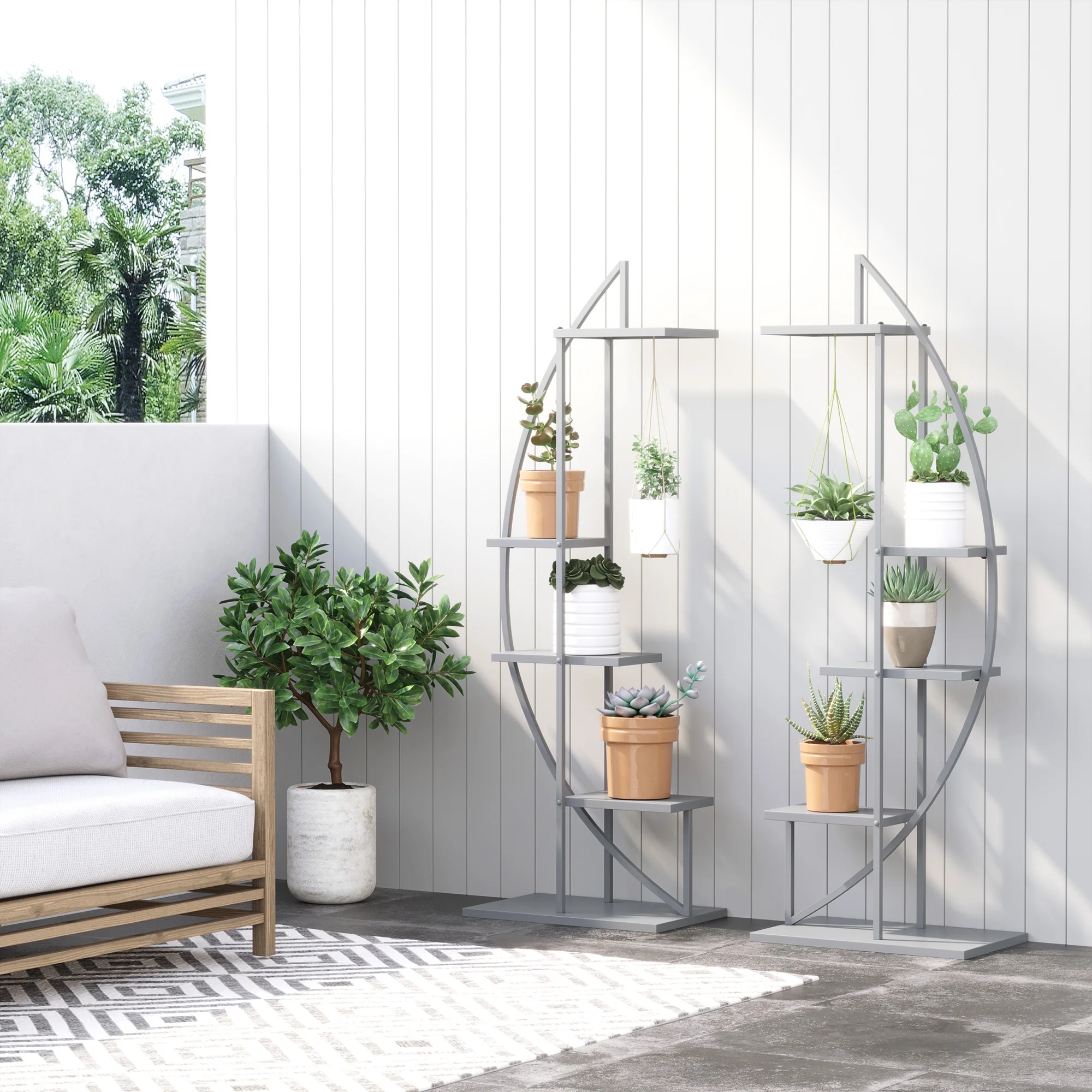 HQZX 5 Tier Metal Plant Stand,Half Moon Shape Flower Pot Display Shelf for Living Room Decor,GRAY