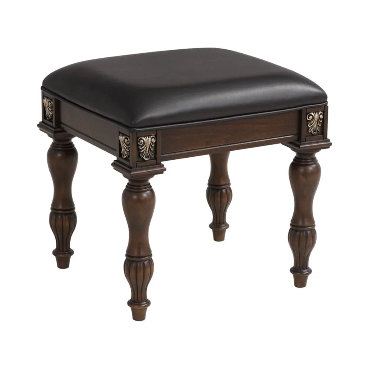Mady 19 Inch Upholstered Vanity Stool Ornate Trim Deep Espresso Brown - Saltoro Sherpi