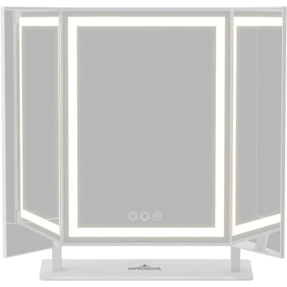 Impressions Vanity Lavish Trifold LED Tri Tone Makeup Mirror, 360 Degree Tilt Desk Mirror (White)