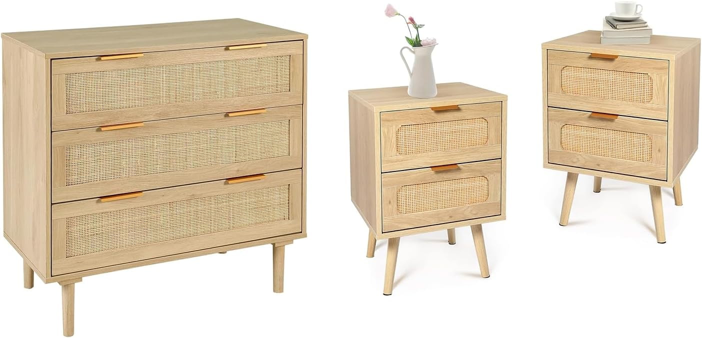 U-SHARE 3 Drawer Dresser with 2 Nightstand for Bedroom, Oak Rattan Dresser Closet Dressers Chest of Drawers, Light Wood Dresser 3 Drawer Storage Chest for Bedroom, Hallway, Living Room