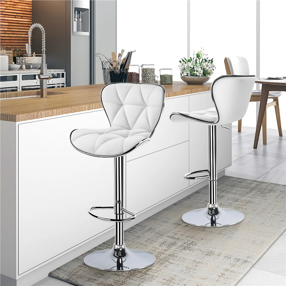 Easyfashion Height Adjustable PU Leather Swivel Bar Stool, Set of 2,White