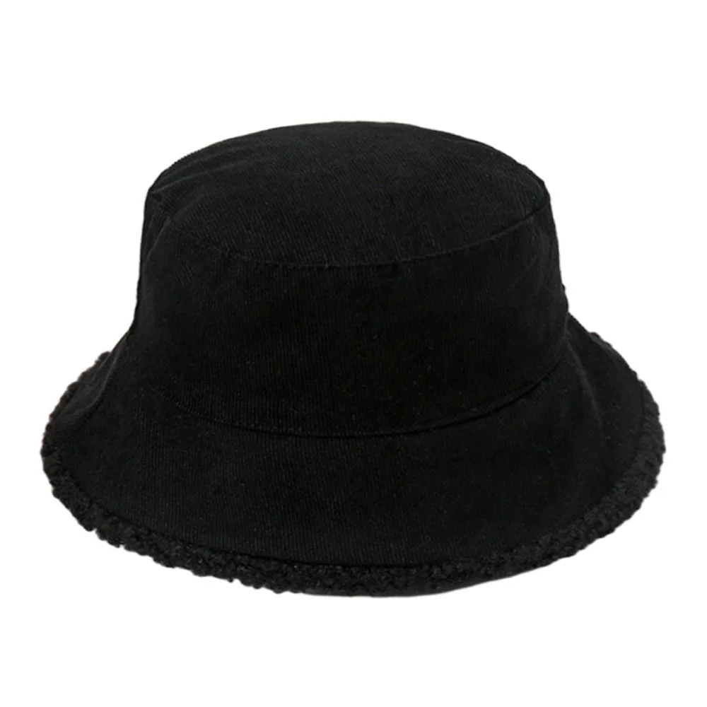 Casual Men Women Soft Corduroy Plush Double Sided Fisherman Cap Panama Hat Sun Cap Bucket Hat BLACK